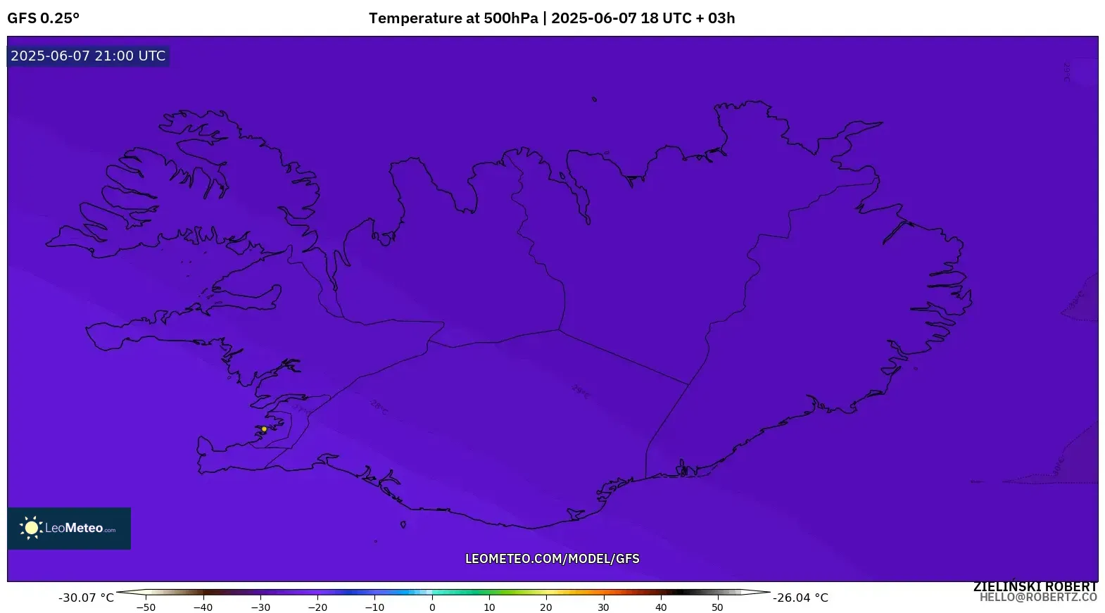 GFS model - Islandia, Suhu 500 hPa GFS model - Islandia, Suhu 500 hPa