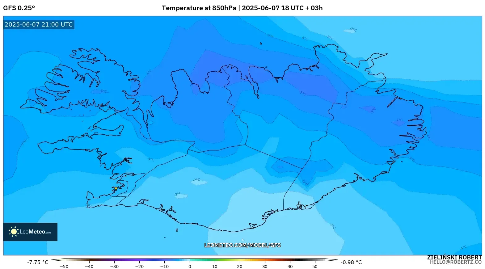 GFS model - Islandia, Suhu 850 hPa GFS model - Islandia, Suhu 850 hPa