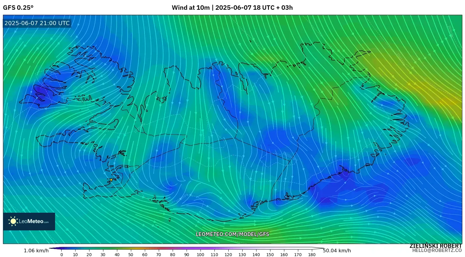 GFS model - Islandia, Angin 10 m GFS model - Islandia, Angin 10 m