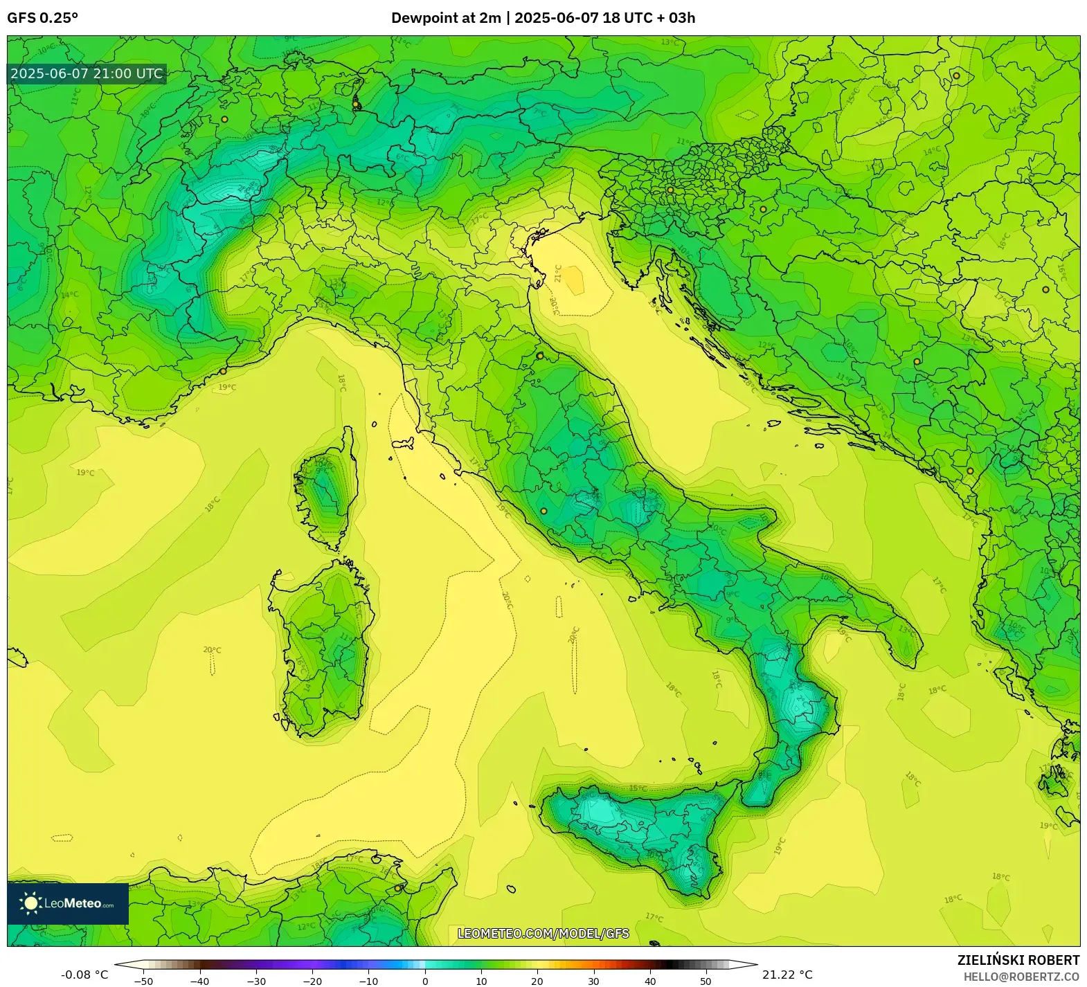 GFS model - Italia, Titik Embun 2 m GFS model - Italia, Titik Embun 2 m