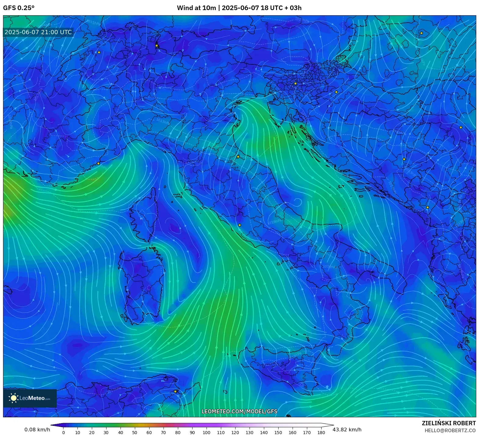 GFS model - Italia, Angin 10 m GFS model - Italia, Angin 10 m