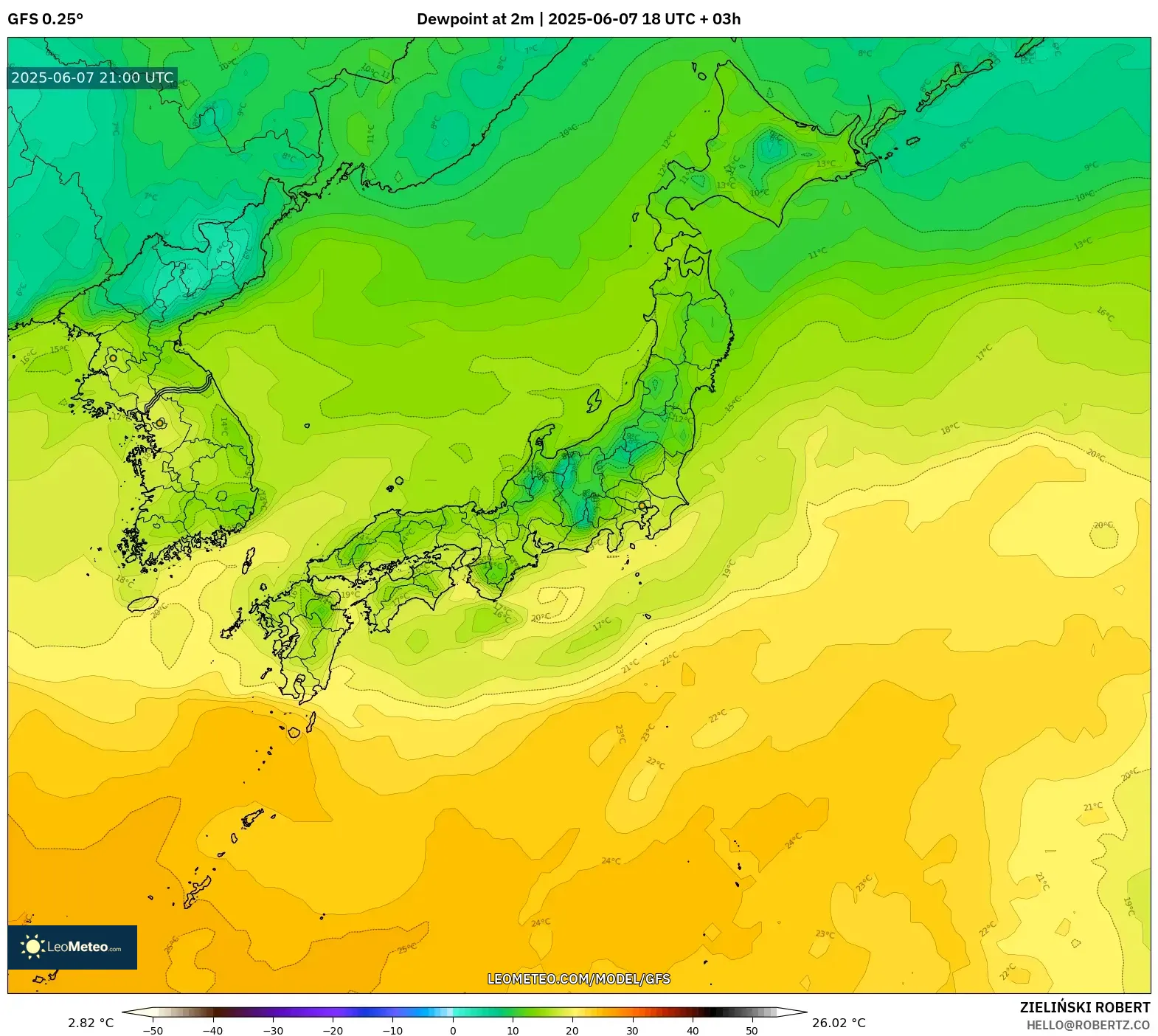 GFS model - Jepang, Titik Embun 2 m GFS model - Jepang, Titik Embun 2 m