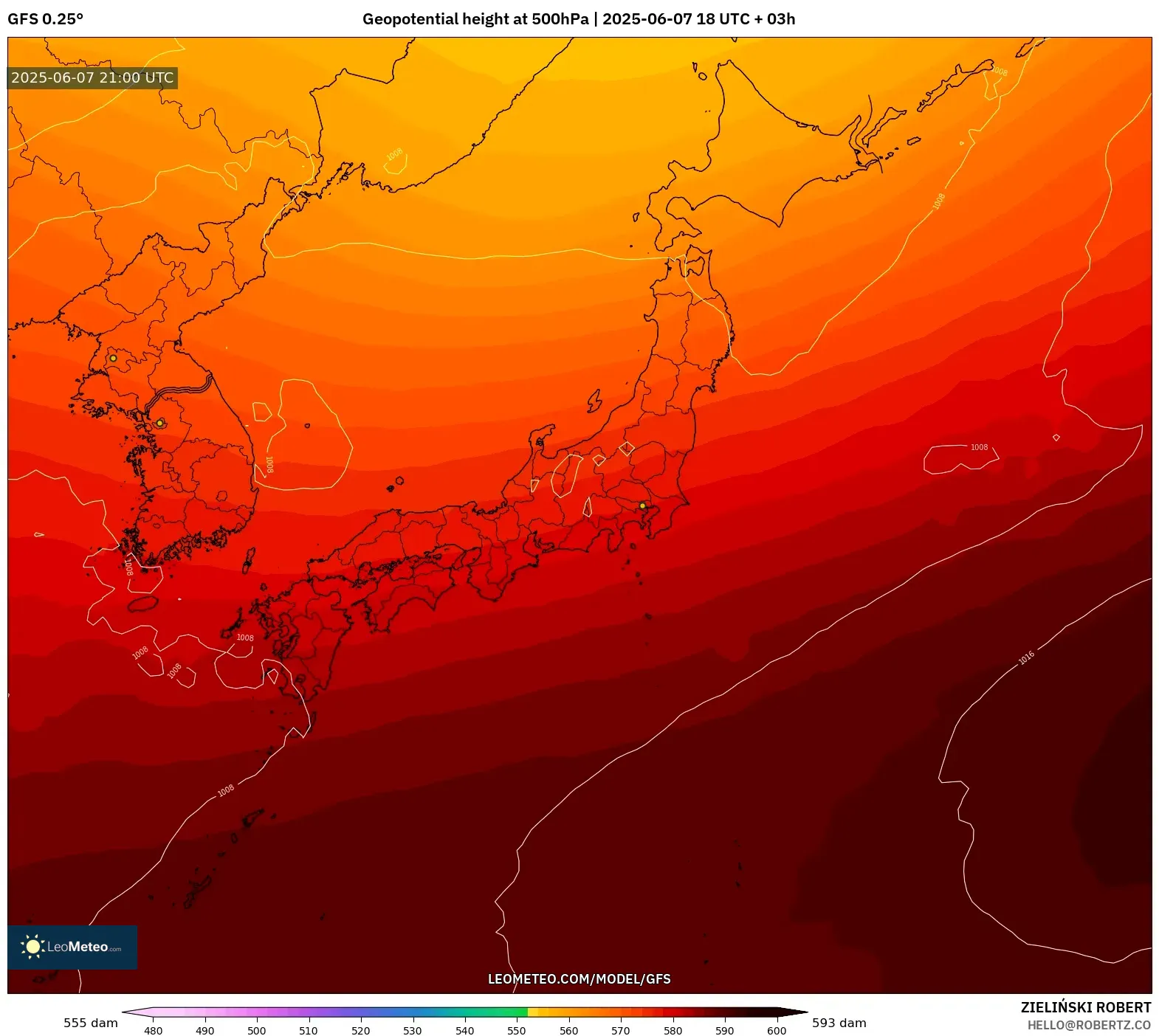 GFS model - Jepang, Ketinggian geopotensial pada 500 hPa GFS model - Jepang, Ketinggian geopotensial pada 500 hPa
