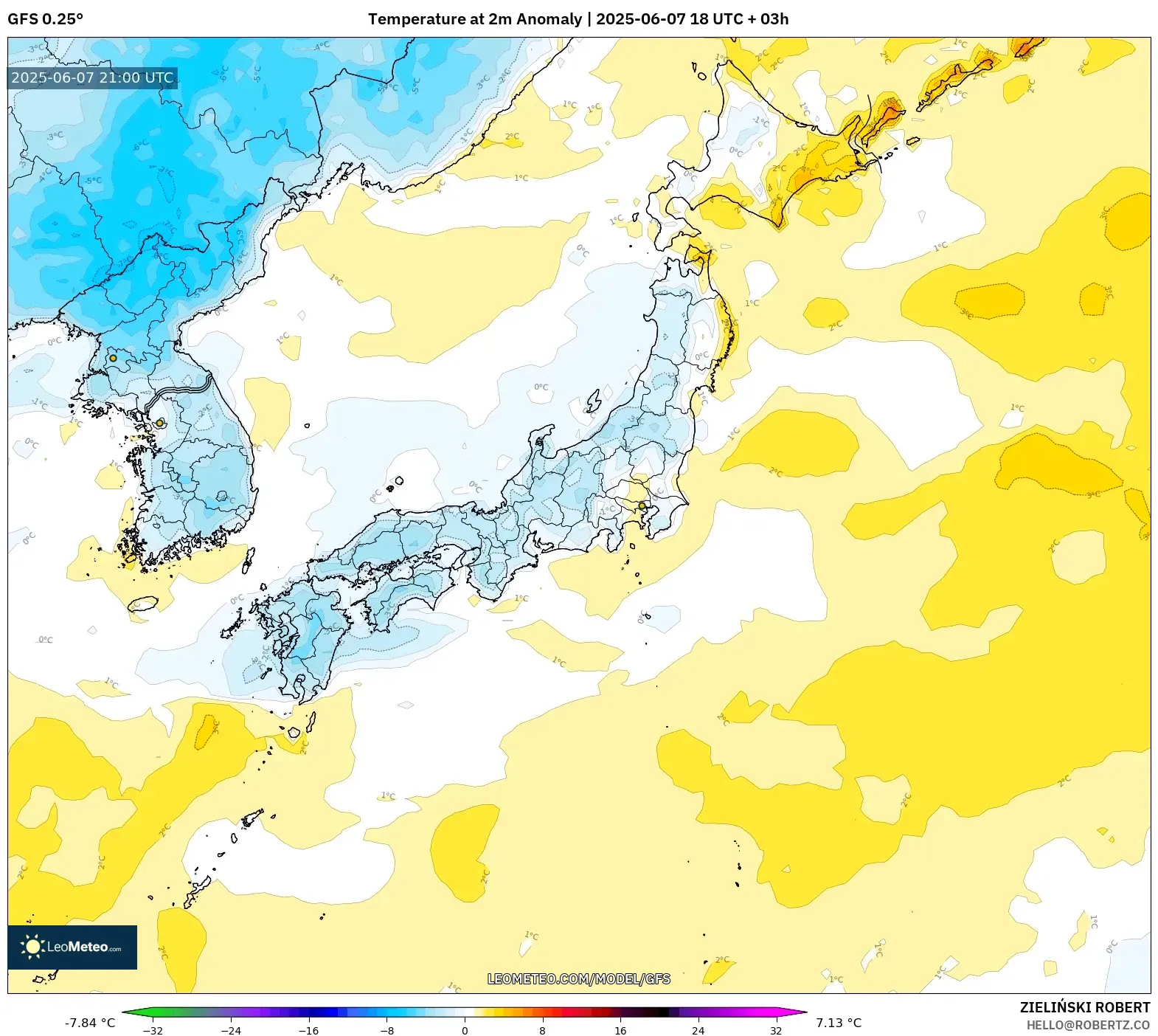 GFS model - Jepang, Anomali Suhu 2 m GFS model - Jepang, Anomali Suhu 2 m