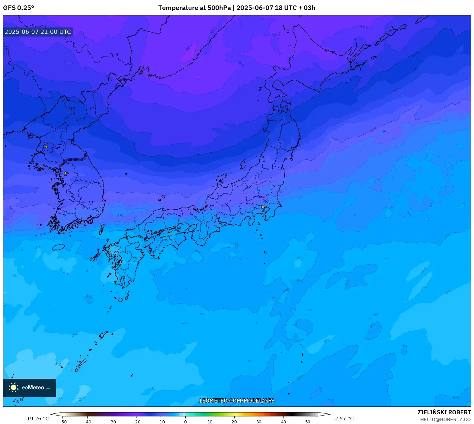 GFS model - Jepang, Suhu 500 hPa GFS model - Jepang, Suhu 500 hPa