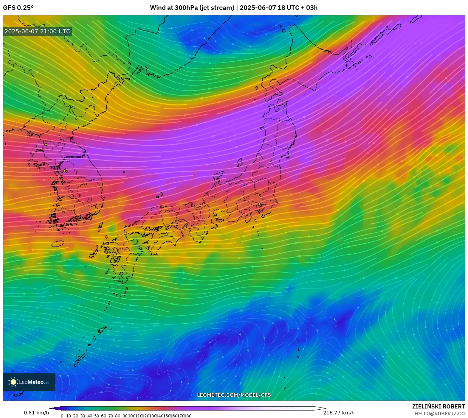 GFS model - Jepang, Angin 300 hPa (aliran jet)