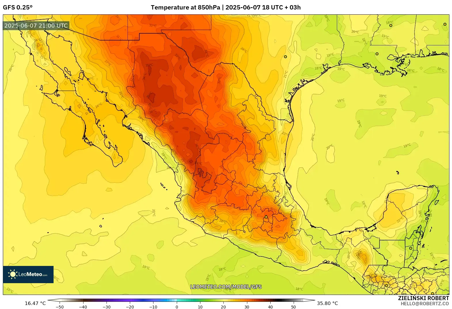 GFS model - Meksiko, Suhu 850 hPa GFS model - Meksiko, Suhu 850 hPa
