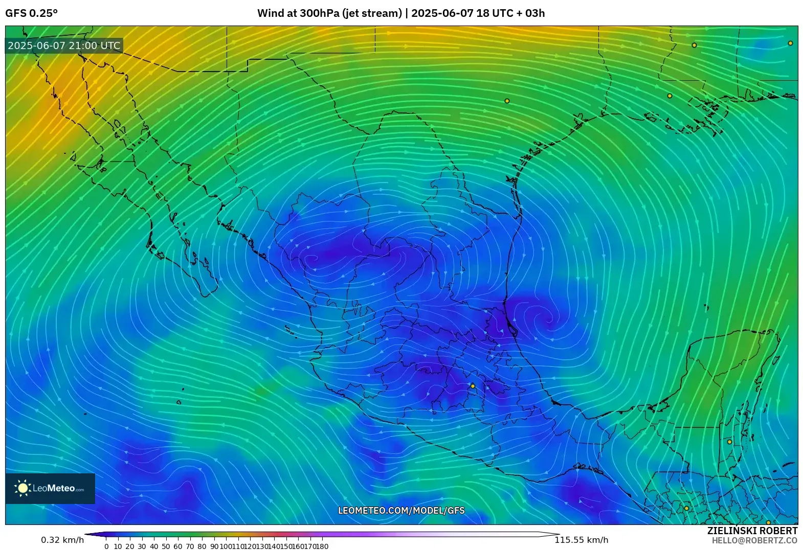 GFS model - Meksiko, Angin 300 hPa (aliran jet) GFS model - Meksiko, Angin 300 hPa (aliran jet)