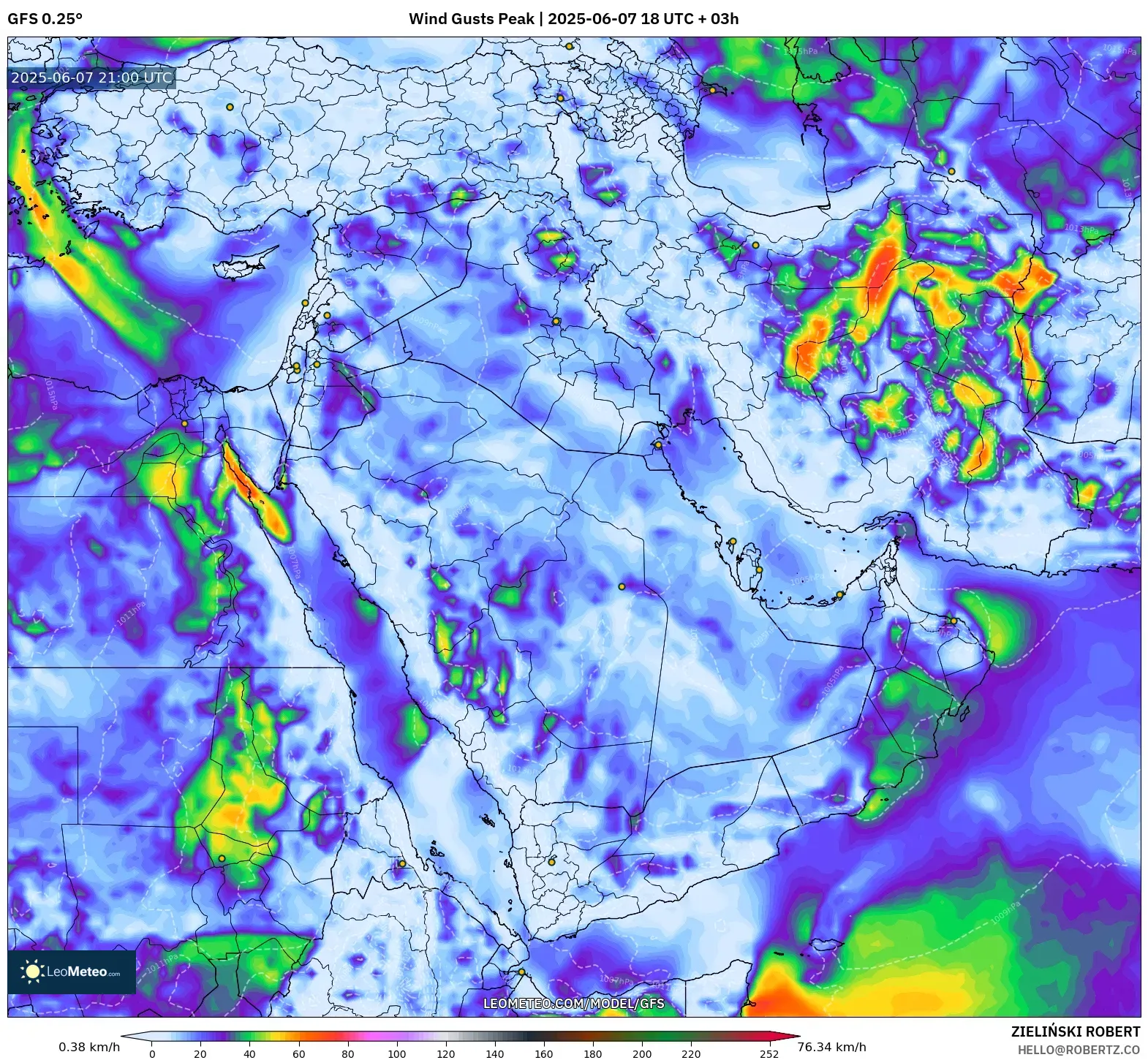 GFS model - Timur Tengah, Puncak Hembusan GFS model - Timur Tengah, Puncak Hembusan