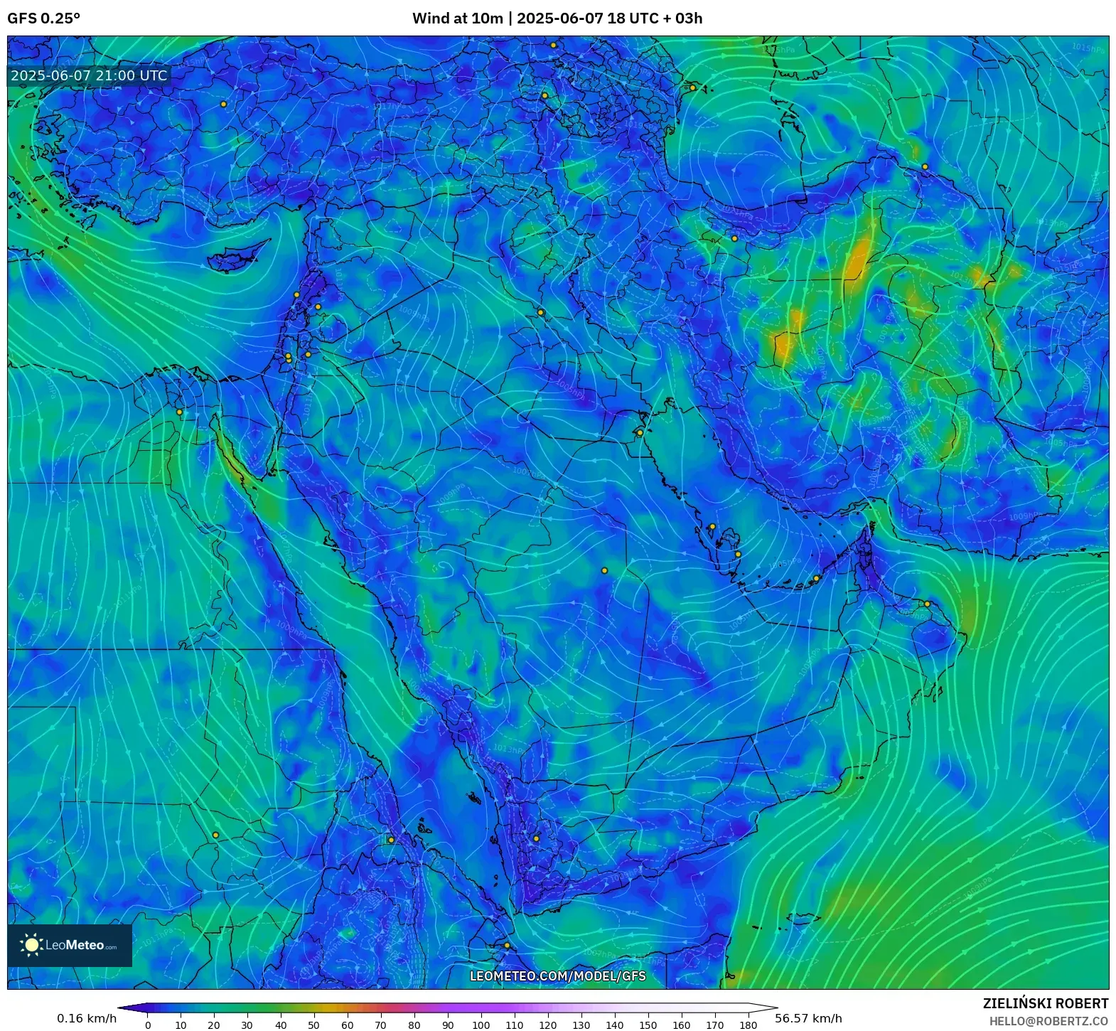 GFS model - Timur Tengah, Angin 10 m GFS model - Timur Tengah, Angin 10 m