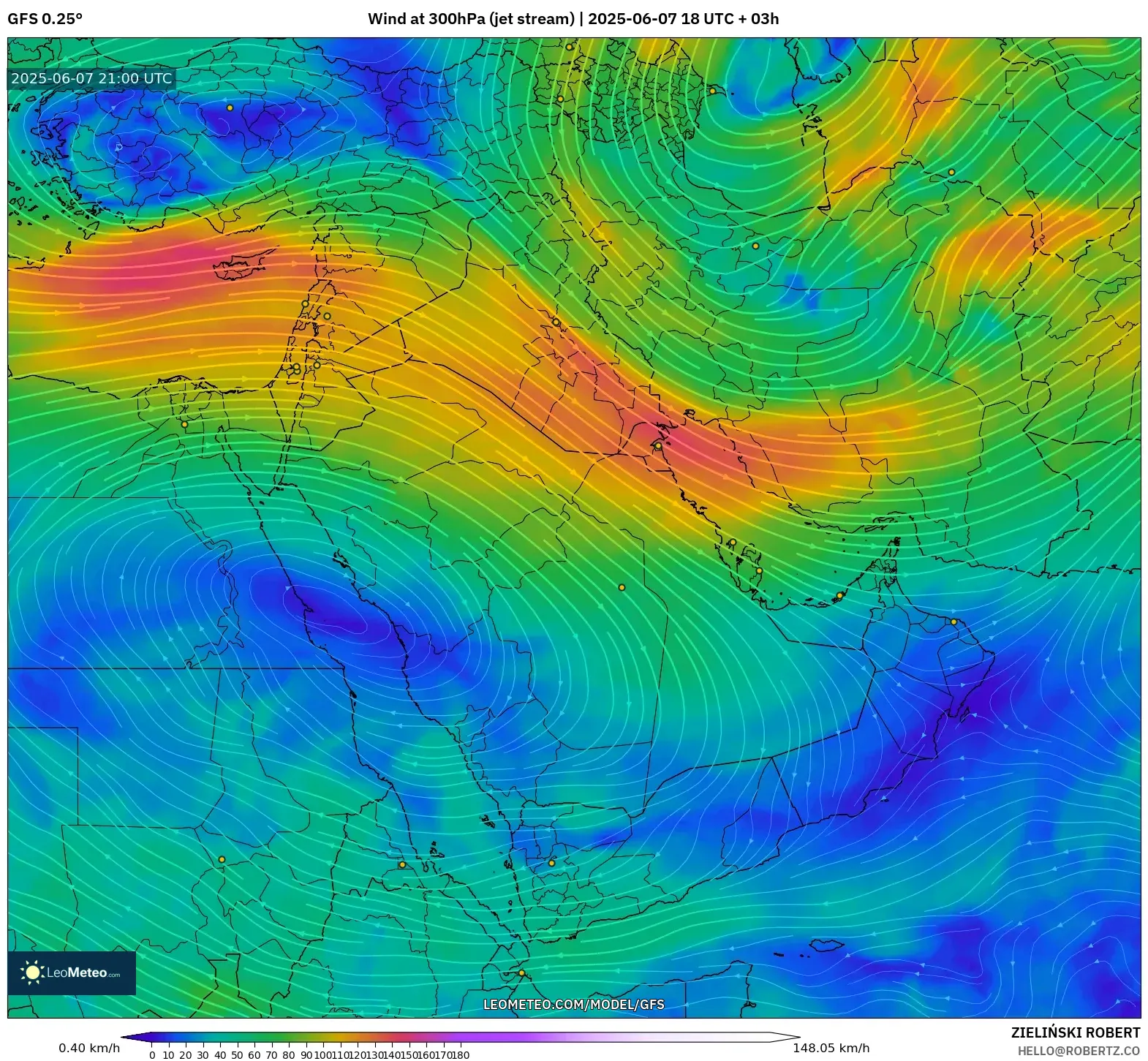 GFS model - Timur Tengah, Angin 300 hPa (aliran jet)