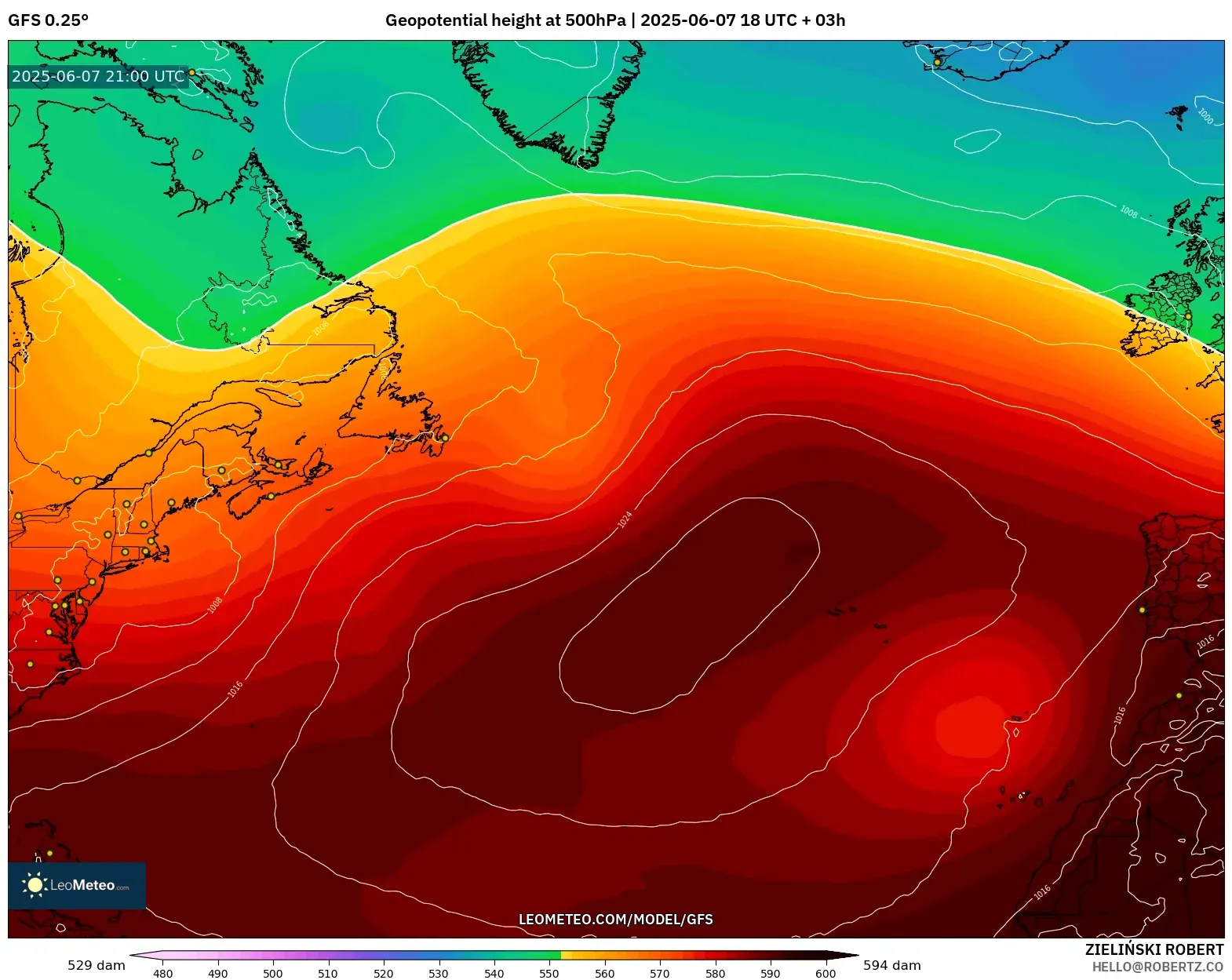 GFS model - Atlantik Utara, Ketinggian geopotensial pada 500 hPa GFS model - Atlantik Utara, Ketinggian geopotensial pada 500 hPa