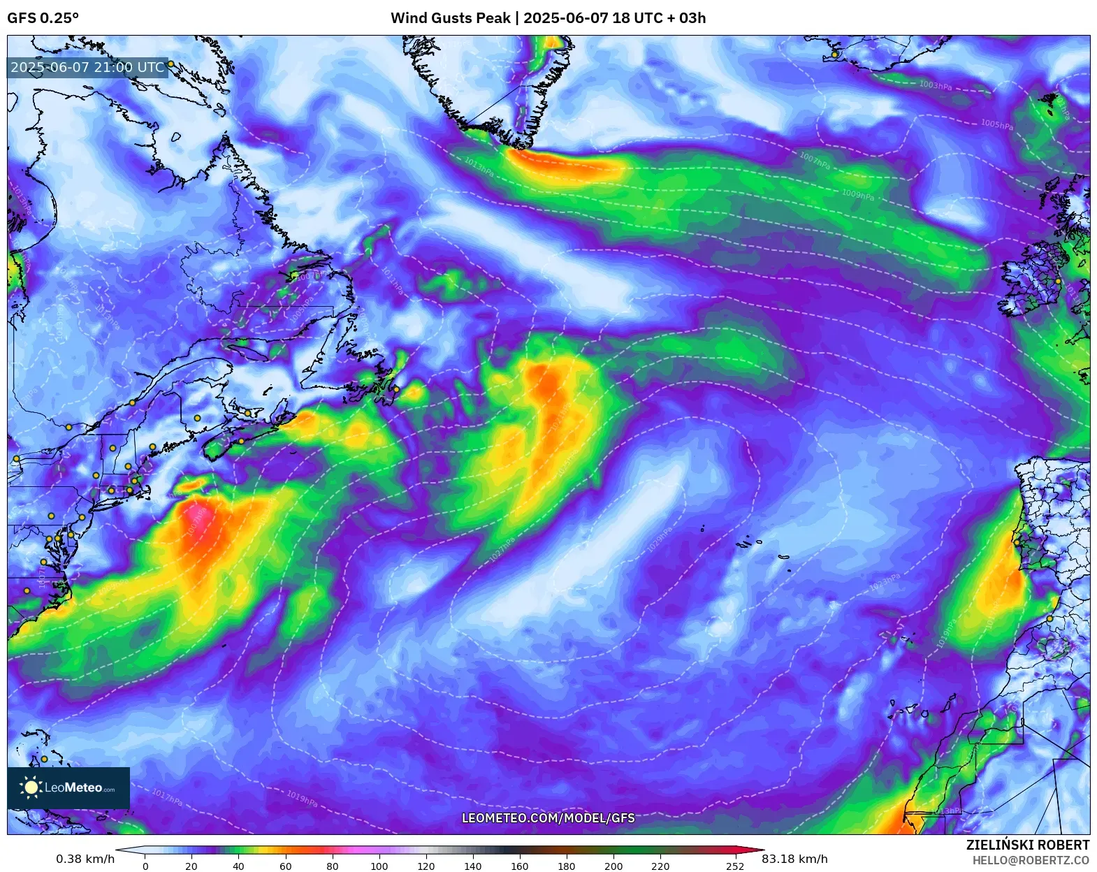 GFS model - Atlantik Utara, Puncak Hembusan
