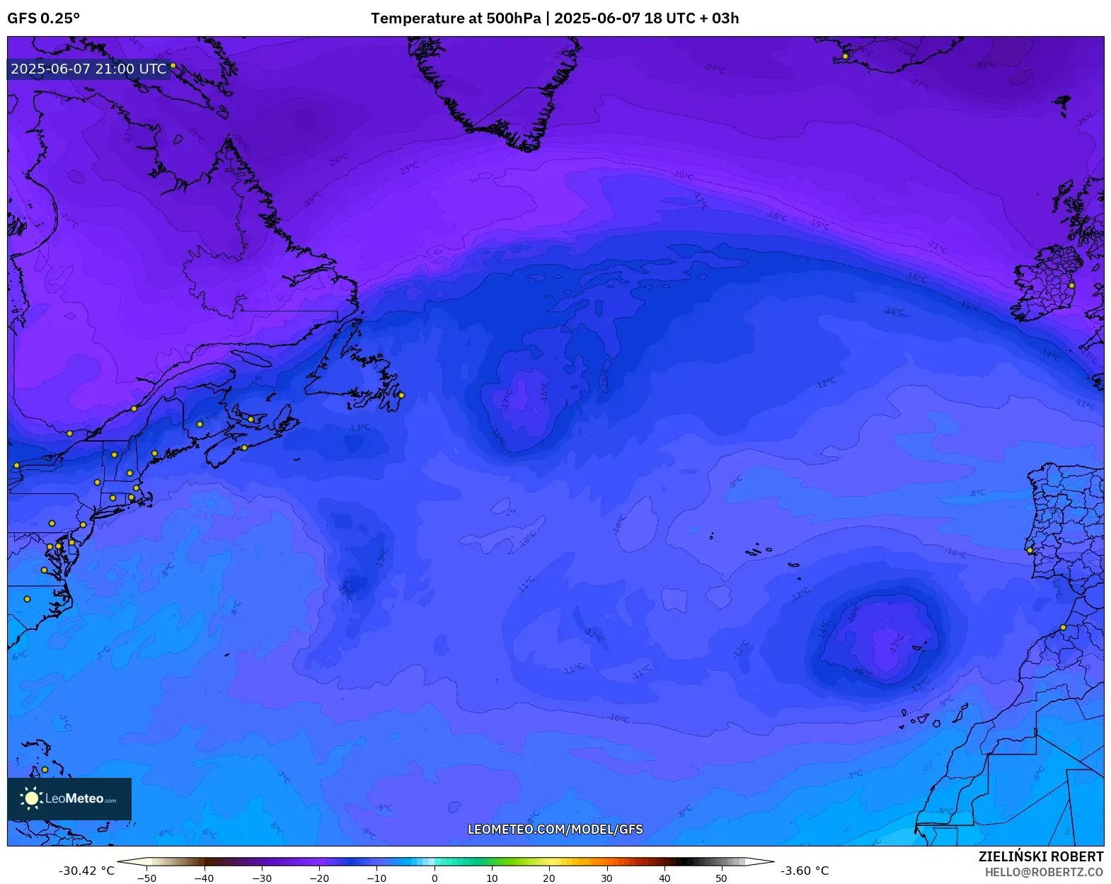 GFS model - Atlantik Utara, Suhu 500 hPa GFS model - Atlantik Utara, Suhu 500 hPa