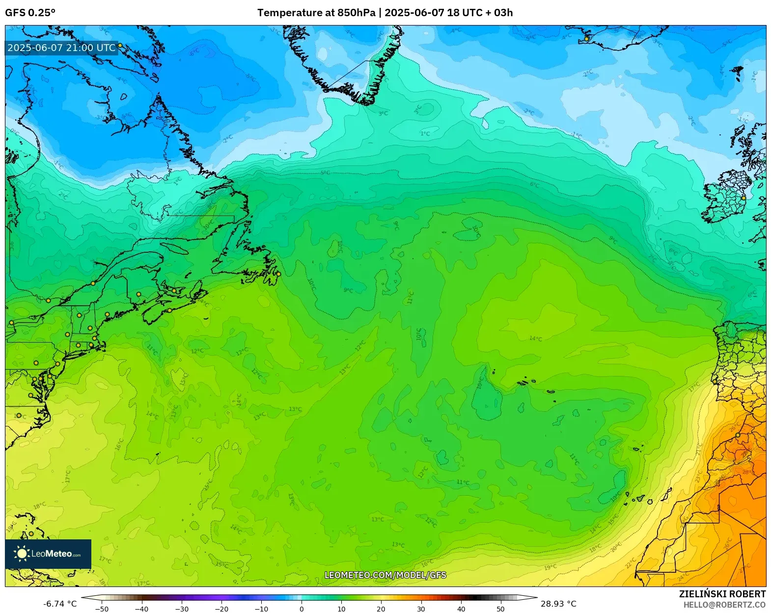 GFS model - Atlantik Utara, Suhu 850 hPa GFS model - Atlantik Utara, Suhu 850 hPa