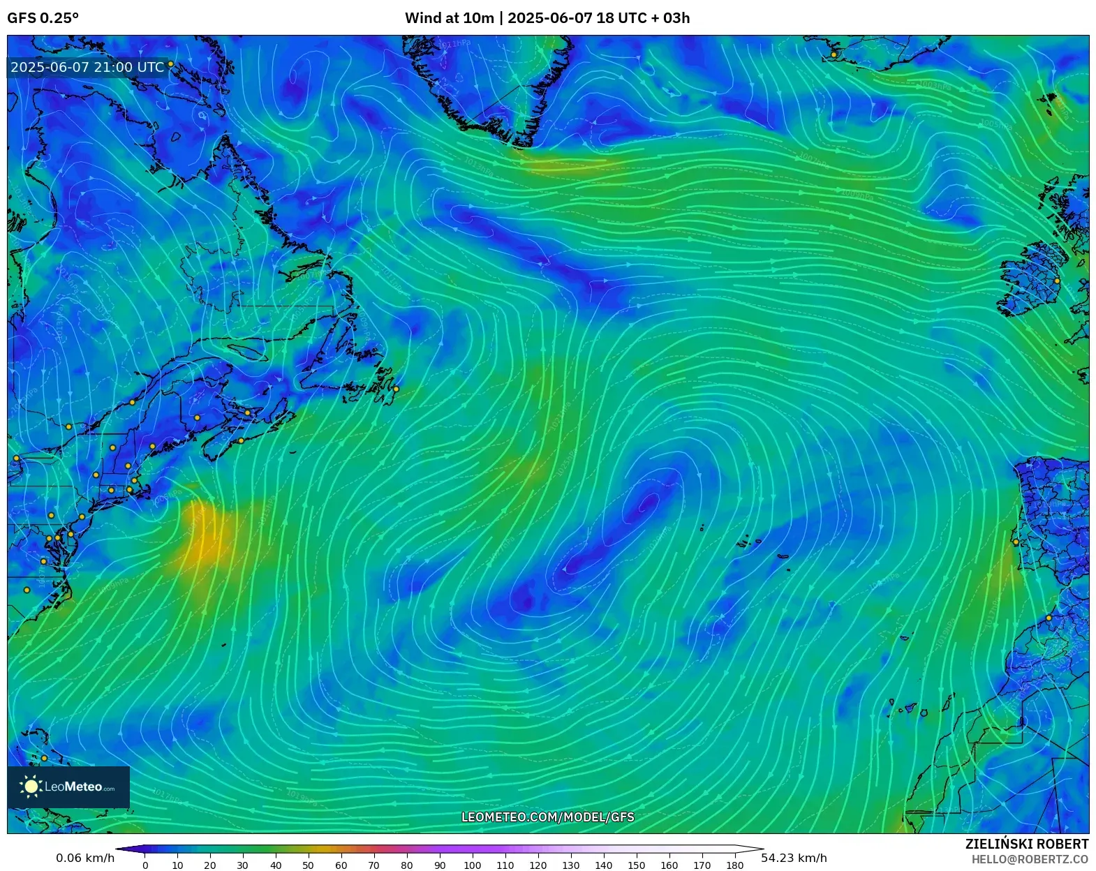 GFS model - Atlantik Utara, Angin 10 m