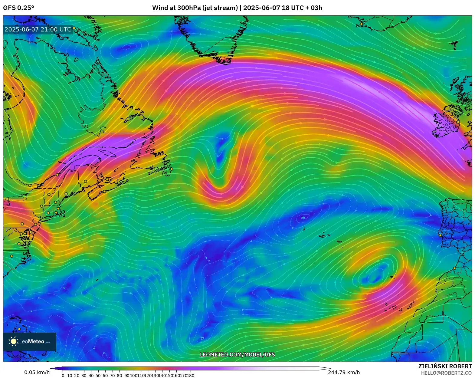 GFS model - Atlantik Utara, Angin 300 hPa (aliran jet) GFS model - Atlantik Utara, Angin 300 hPa (aliran jet)