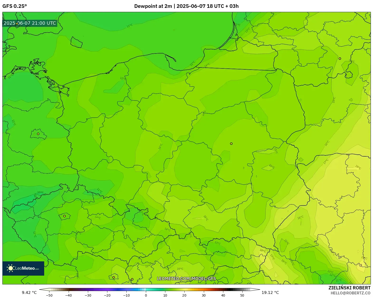 GFS model - Polandia, Titik Embun 2 m