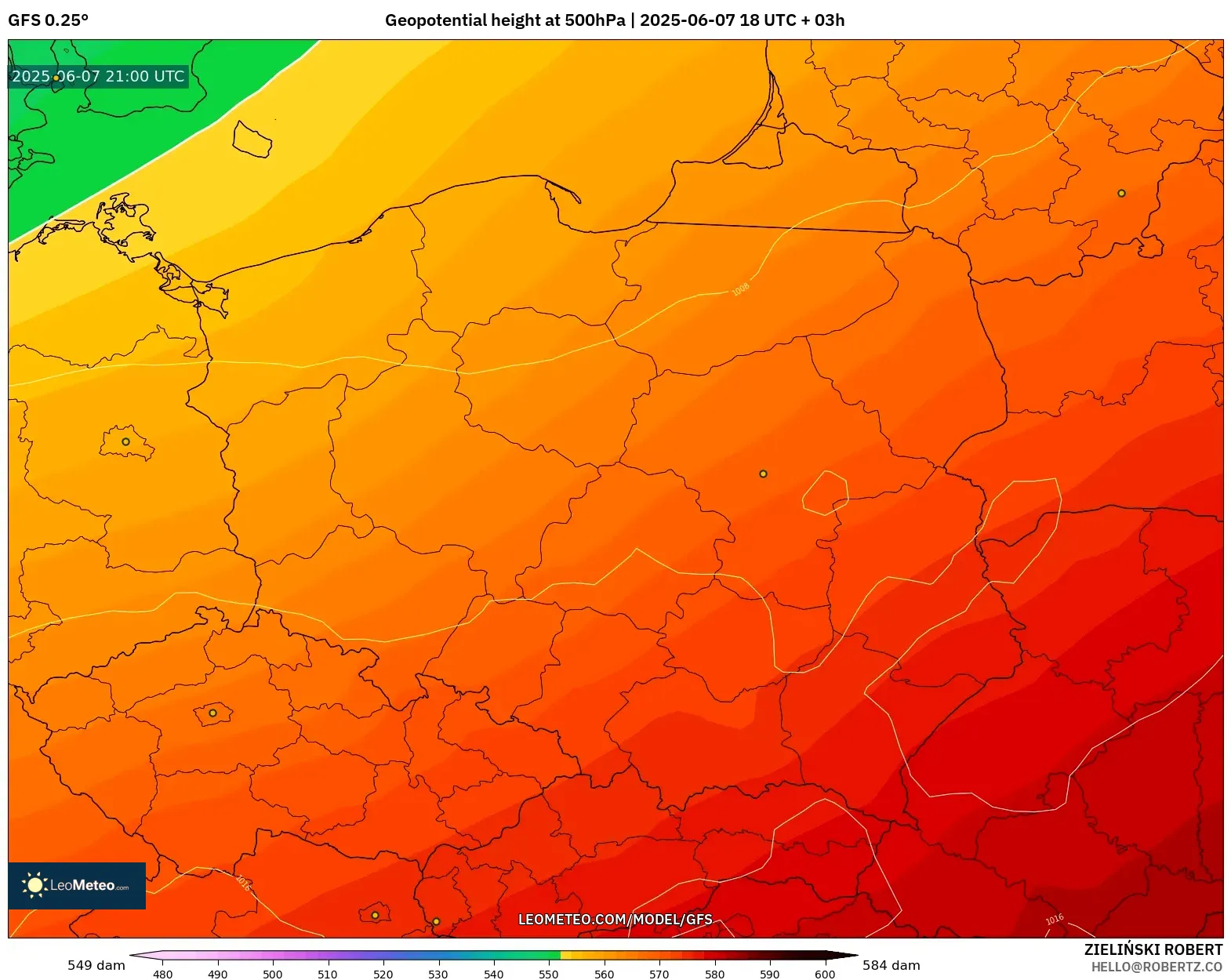 GFS model - Polandia, Ketinggian geopotensial pada 500 hPa GFS model - Polandia, Ketinggian geopotensial pada 500 hPa