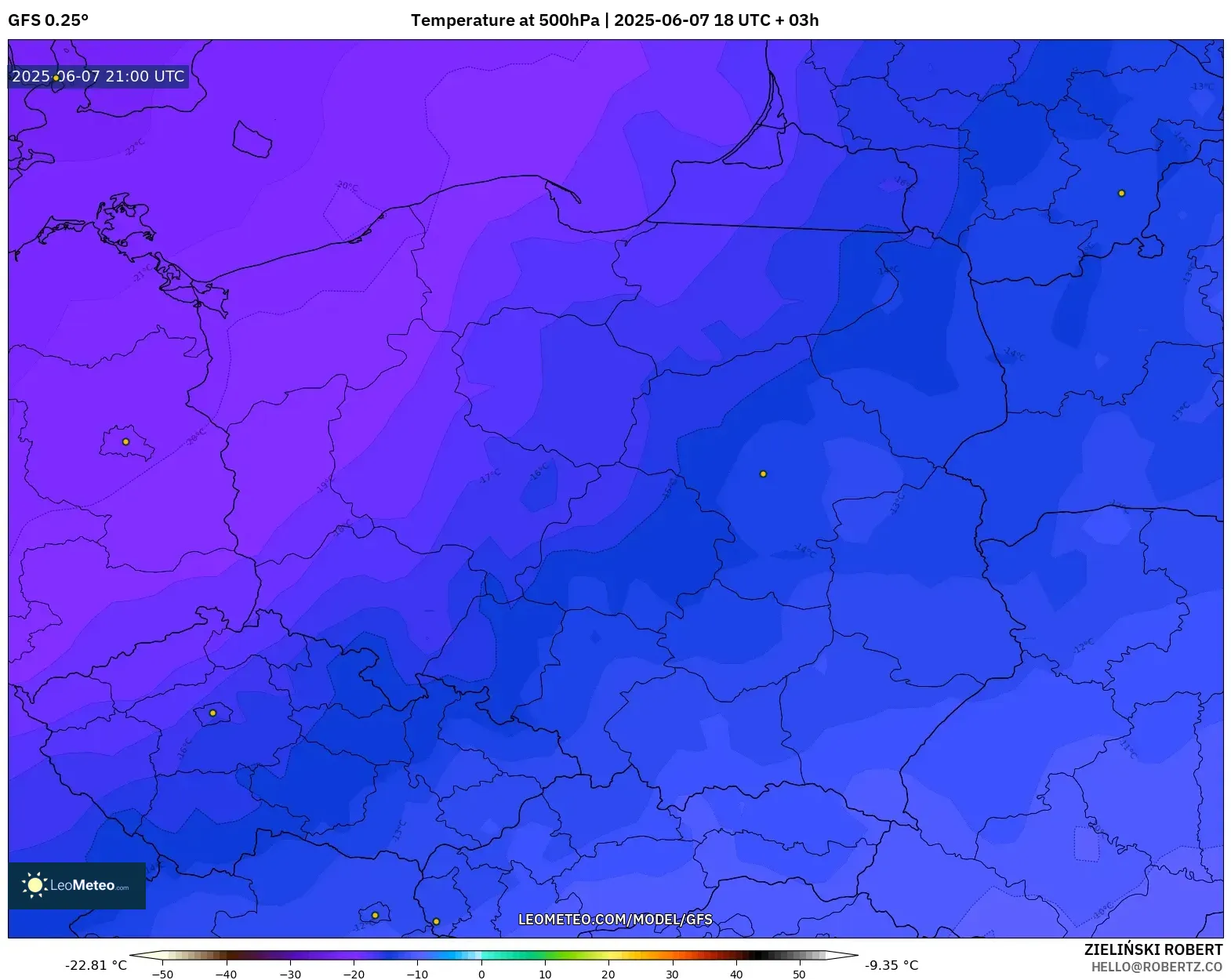 GFS model - Polandia, Suhu 500 hPa GFS model - Polandia, Suhu 500 hPa