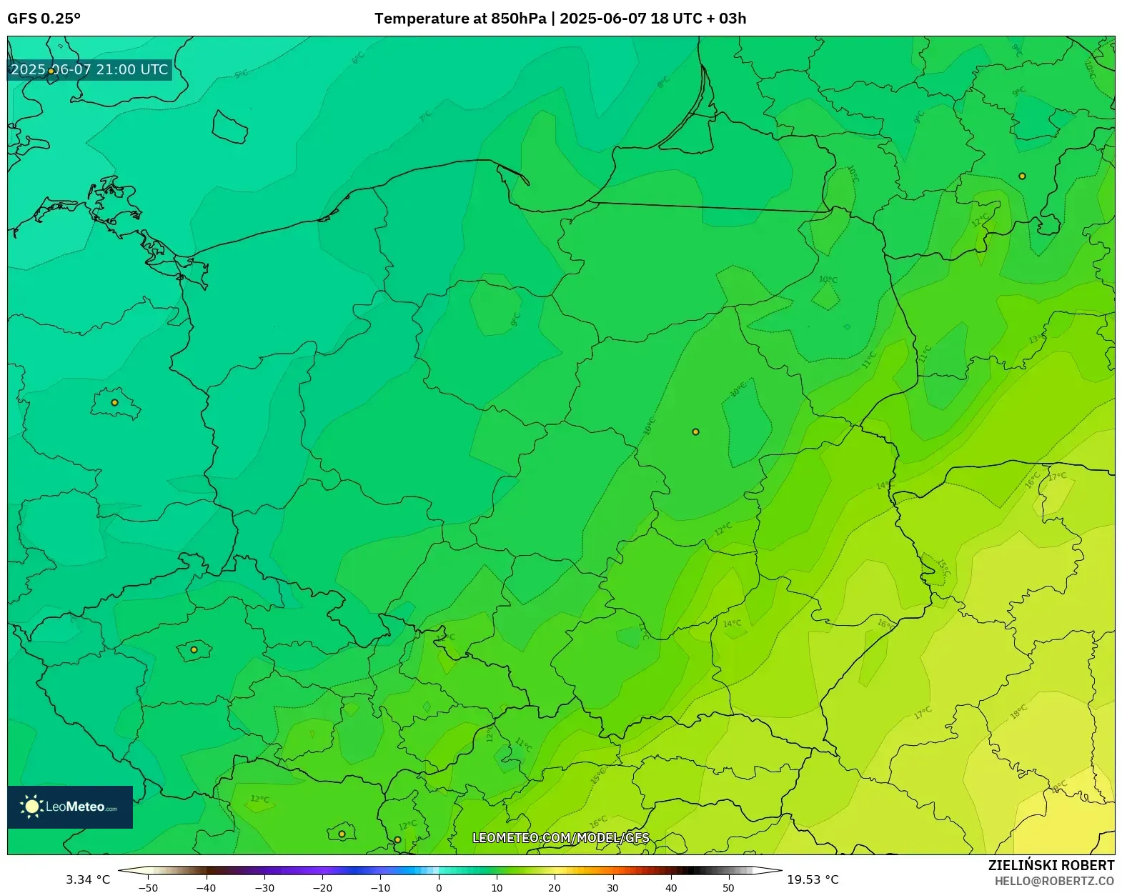 GFS model - Polandia, Suhu 850 hPa GFS model - Polandia, Suhu 850 hPa