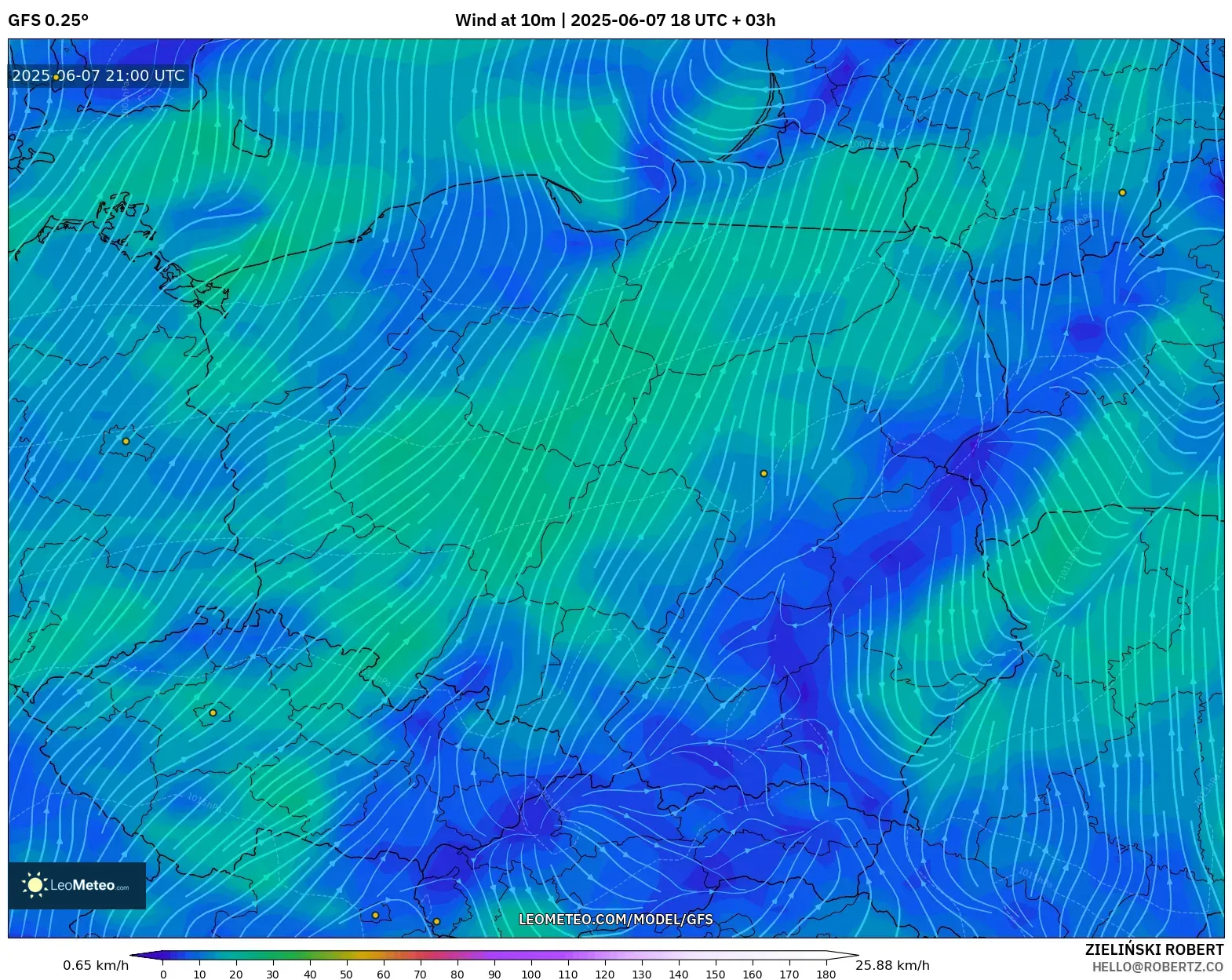 GFS model - Polandia, Angin 10 m