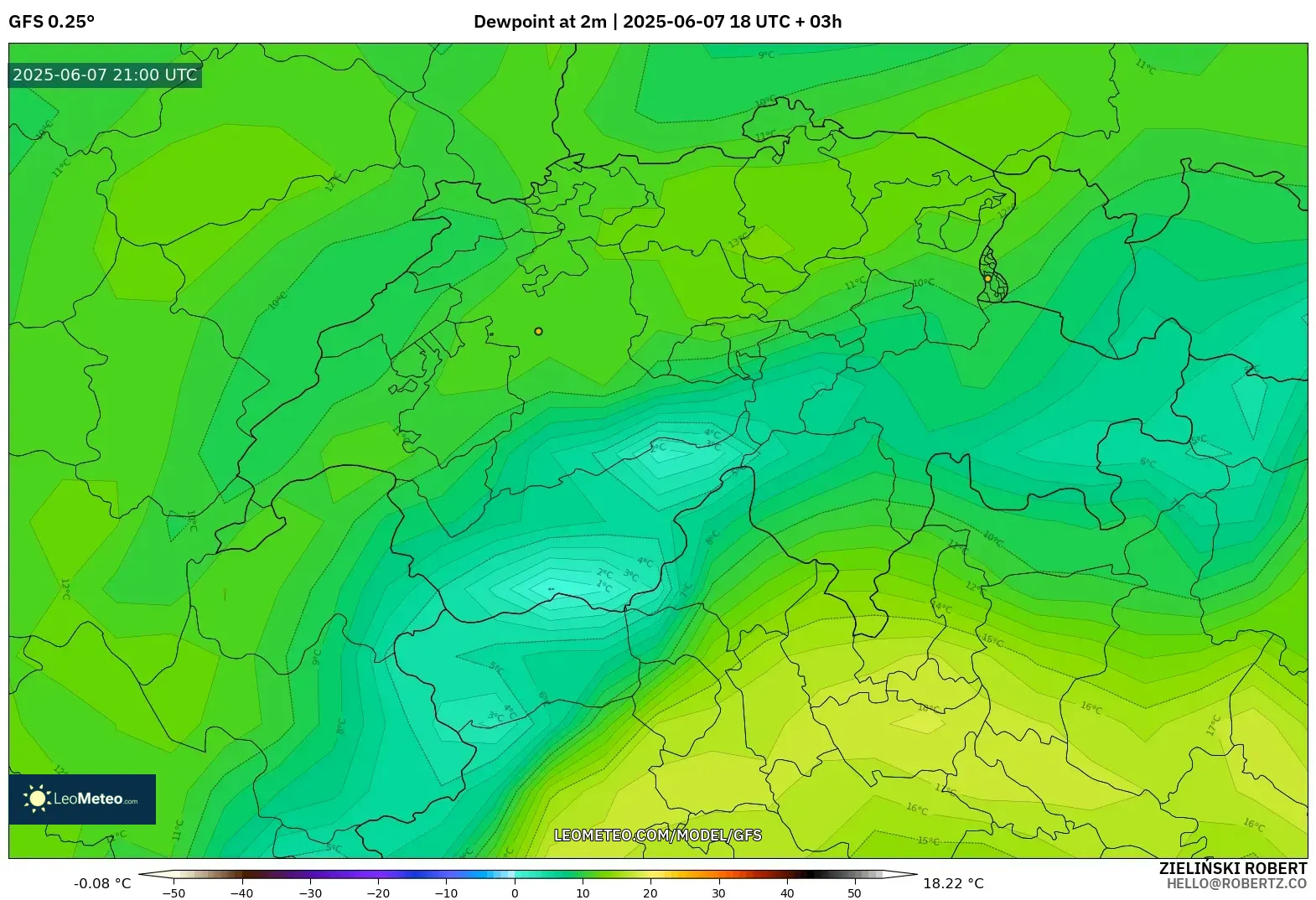 GFS model - Swiss, Titik Embun 2 m GFS model - Swiss, Titik Embun 2 m
