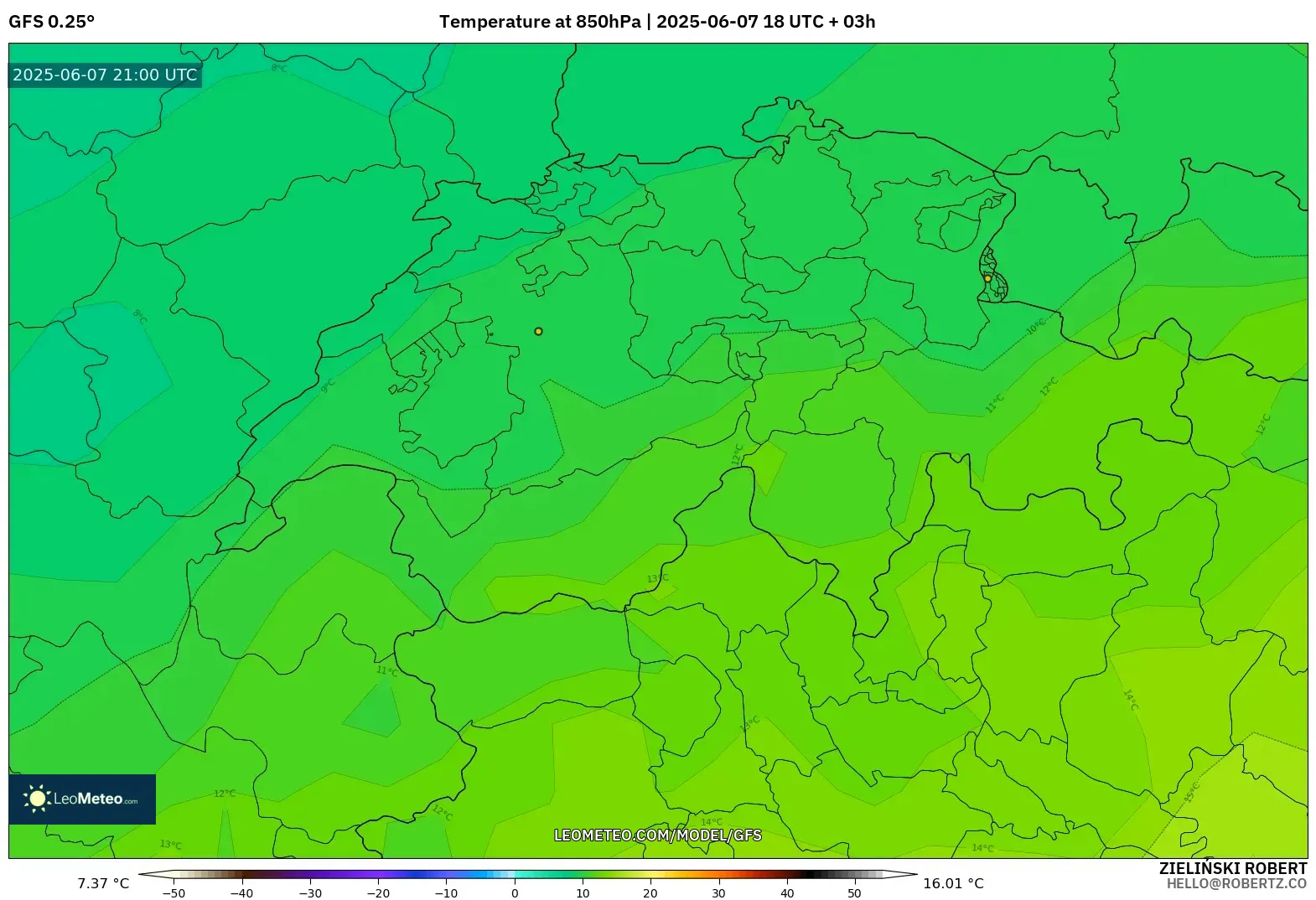 GFS model - Swiss, Suhu 850 hPa