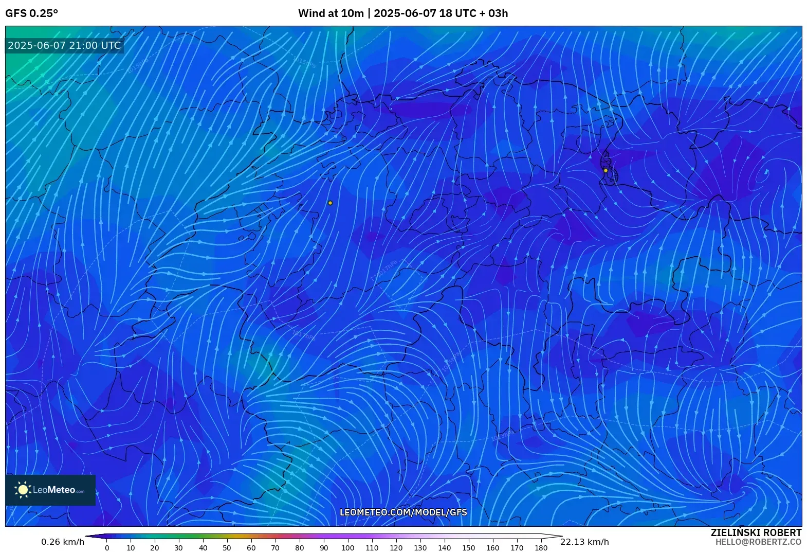 GFS model - Swiss, Angin 10 m GFS model - Swiss, Angin 10 m