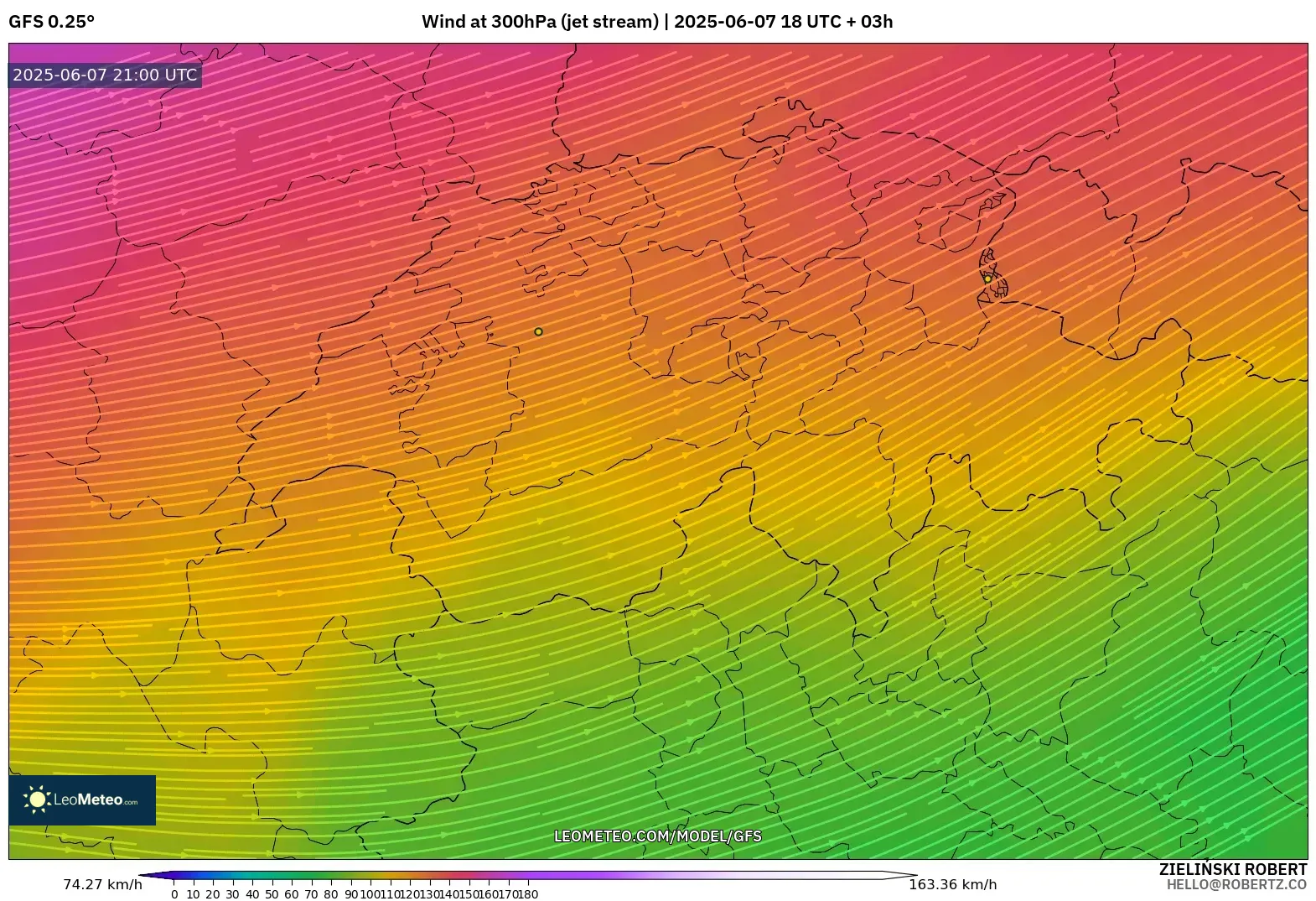 GFS model - Swiss, Angin 300 hPa (aliran jet)