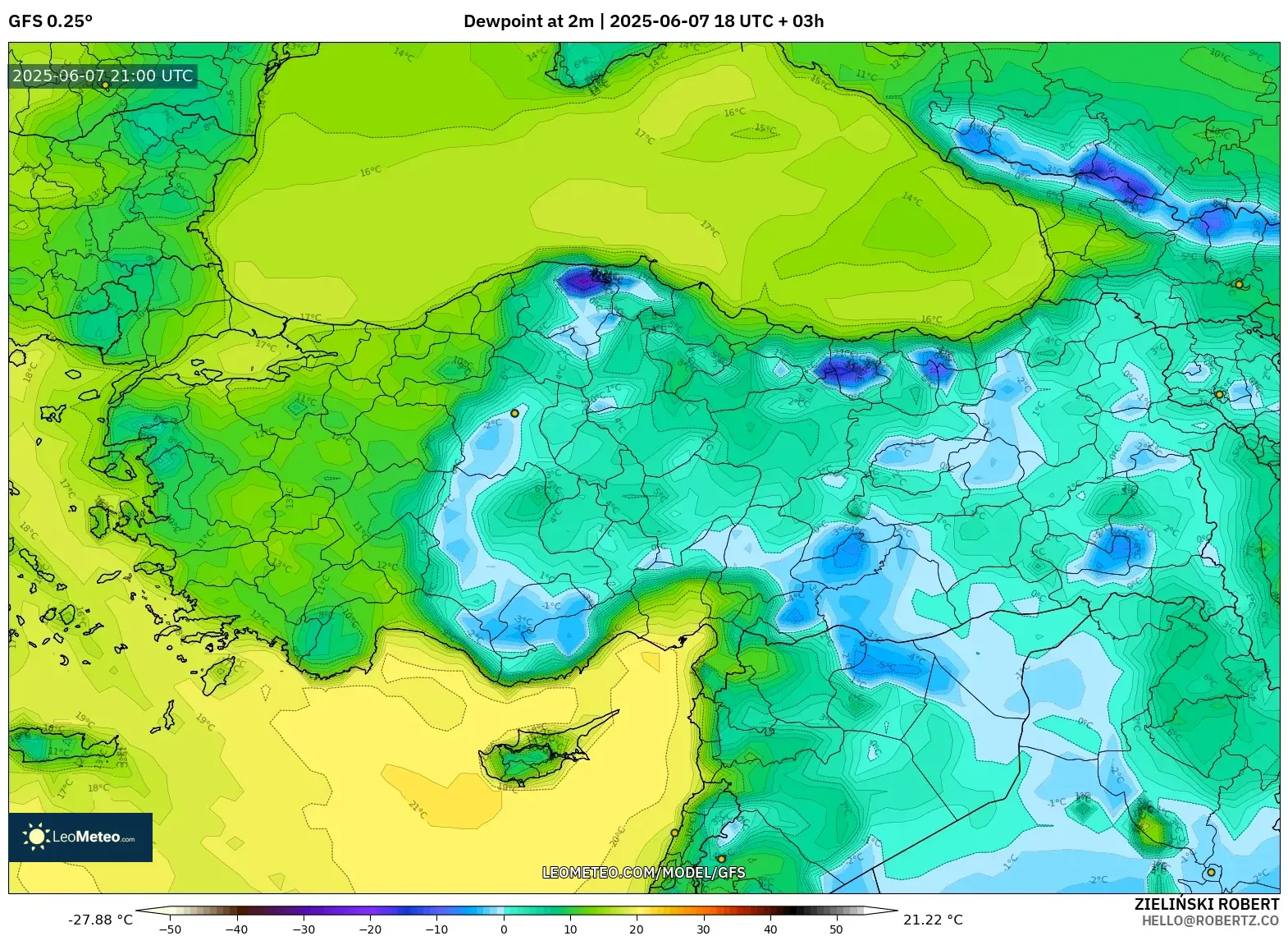 GFS model - Turki, Titik Embun 2 m GFS model - Turki, Titik Embun 2 m