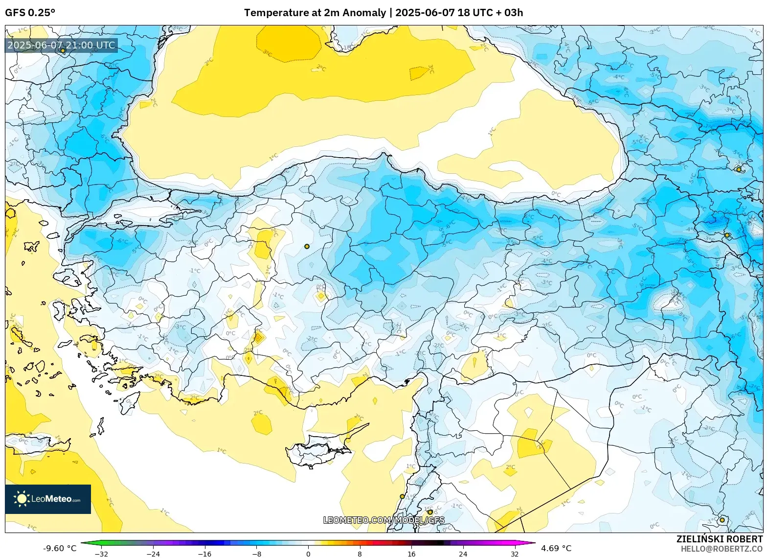 GFS model - Turki, Anomali Suhu 2 m GFS model - Turki, Anomali Suhu 2 m