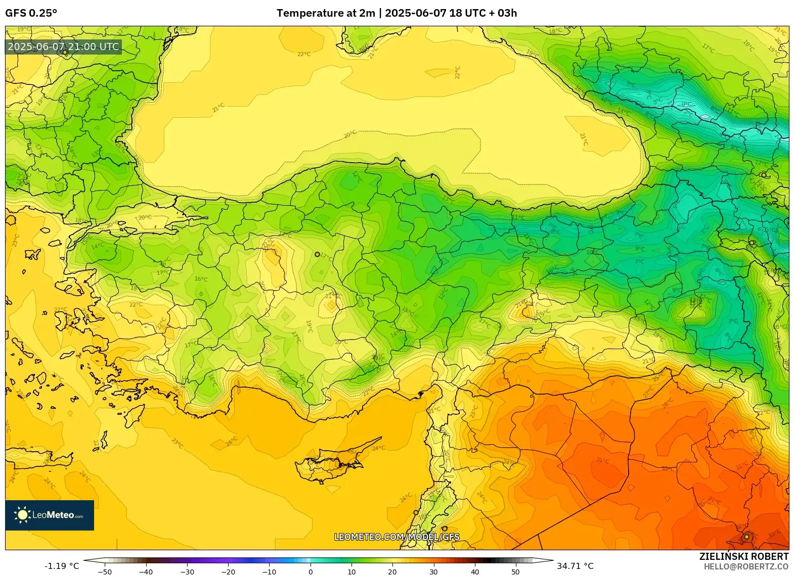 GFS model - Turki, Suhu 2 m GFS model - Turki, Suhu 2 m
