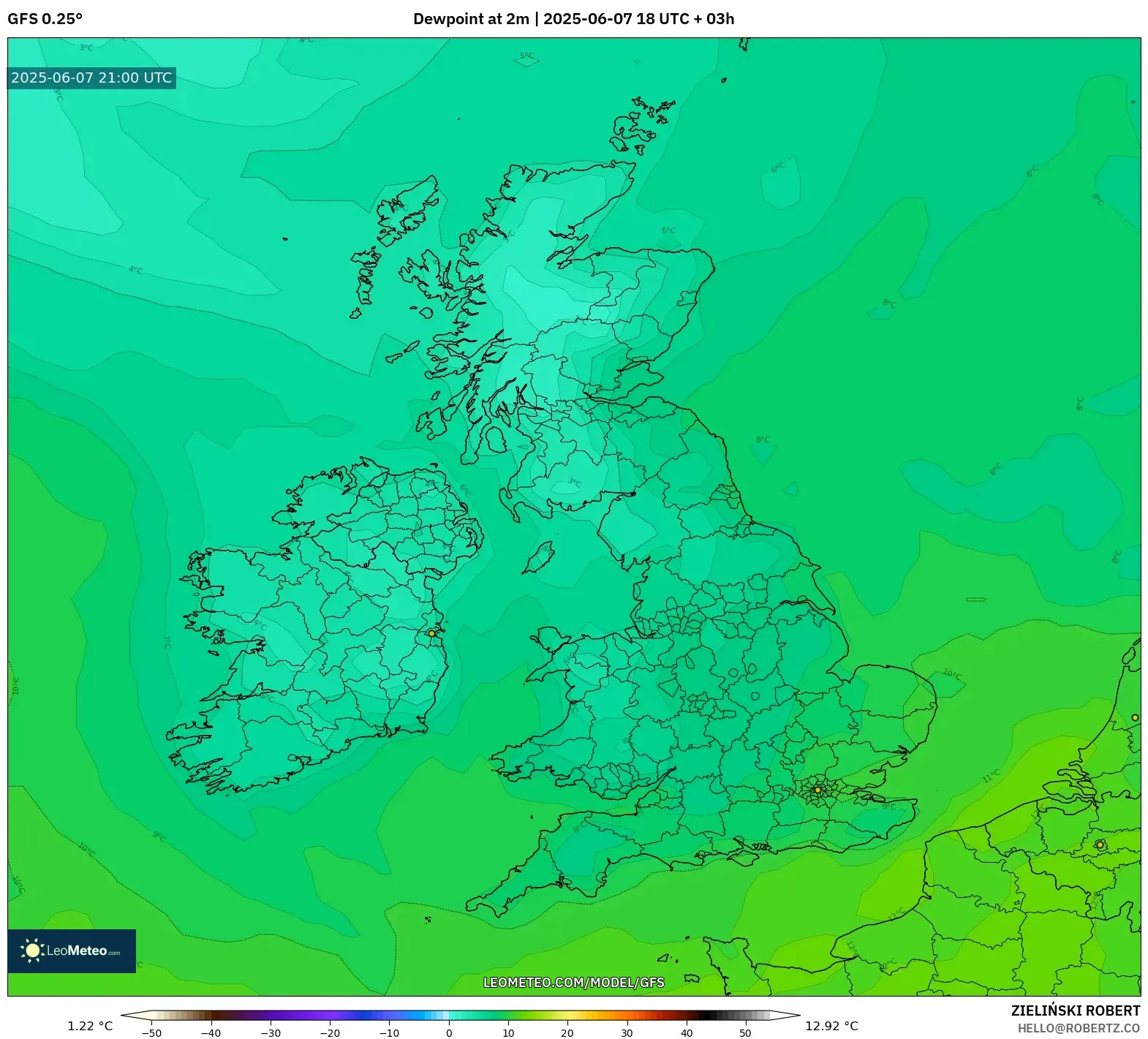 GFS model - Britania Raya, Titik Embun 2 m