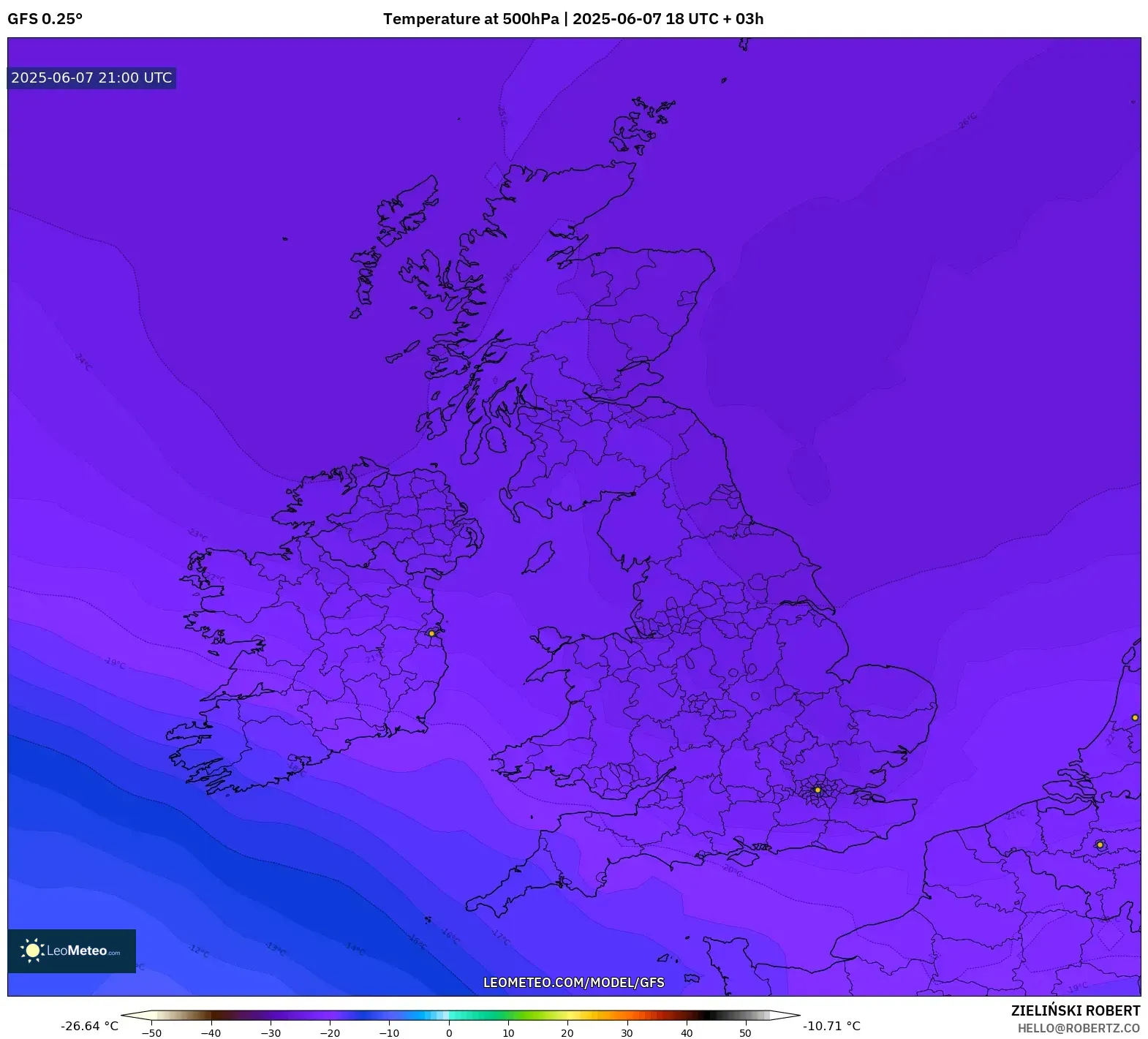 GFS model - Britania Raya, Suhu 500 hPa GFS model - Britania Raya, Suhu 500 hPa