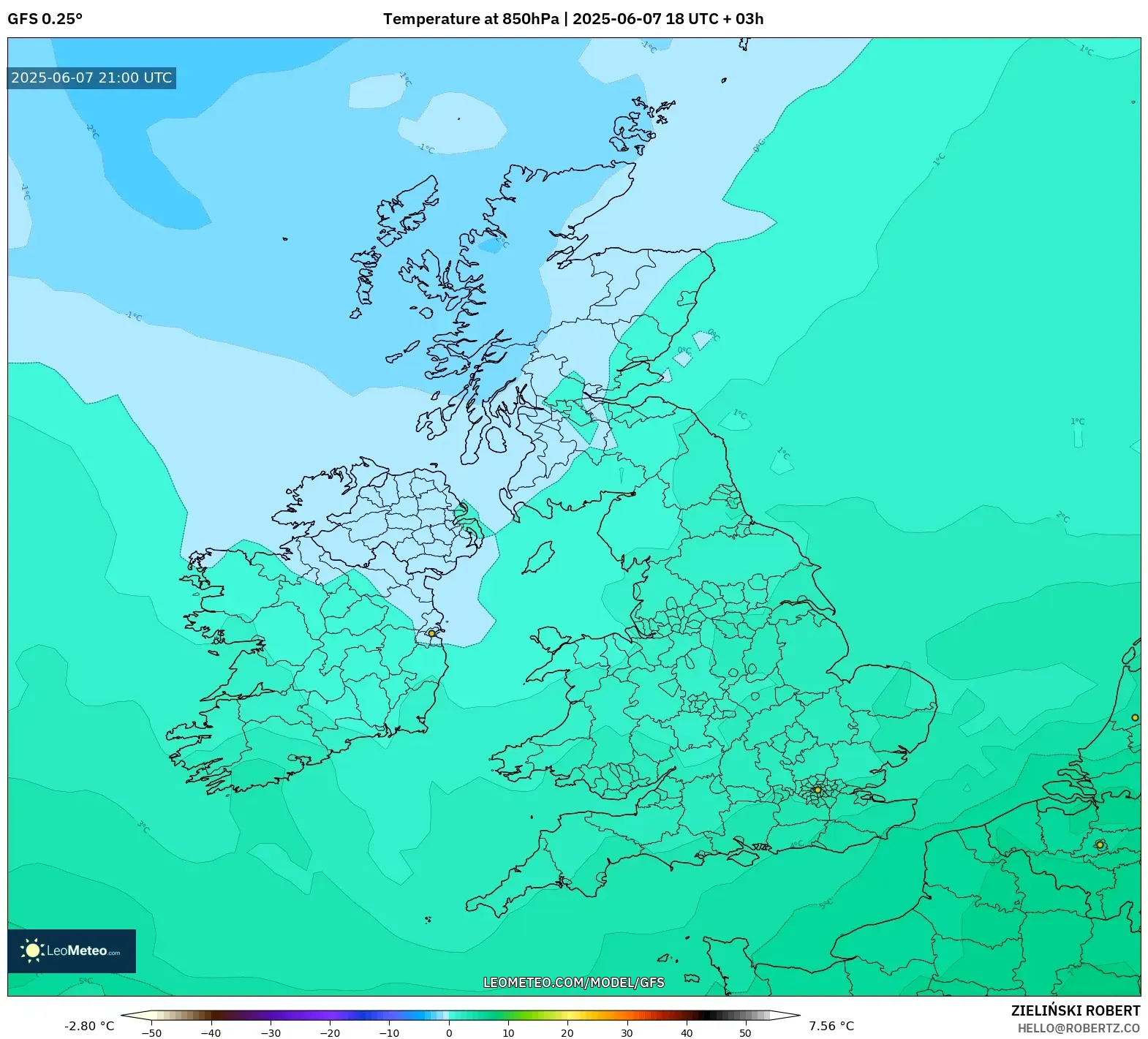 GFS model - Britania Raya, Suhu 850 hPa GFS model - Britania Raya, Suhu 850 hPa