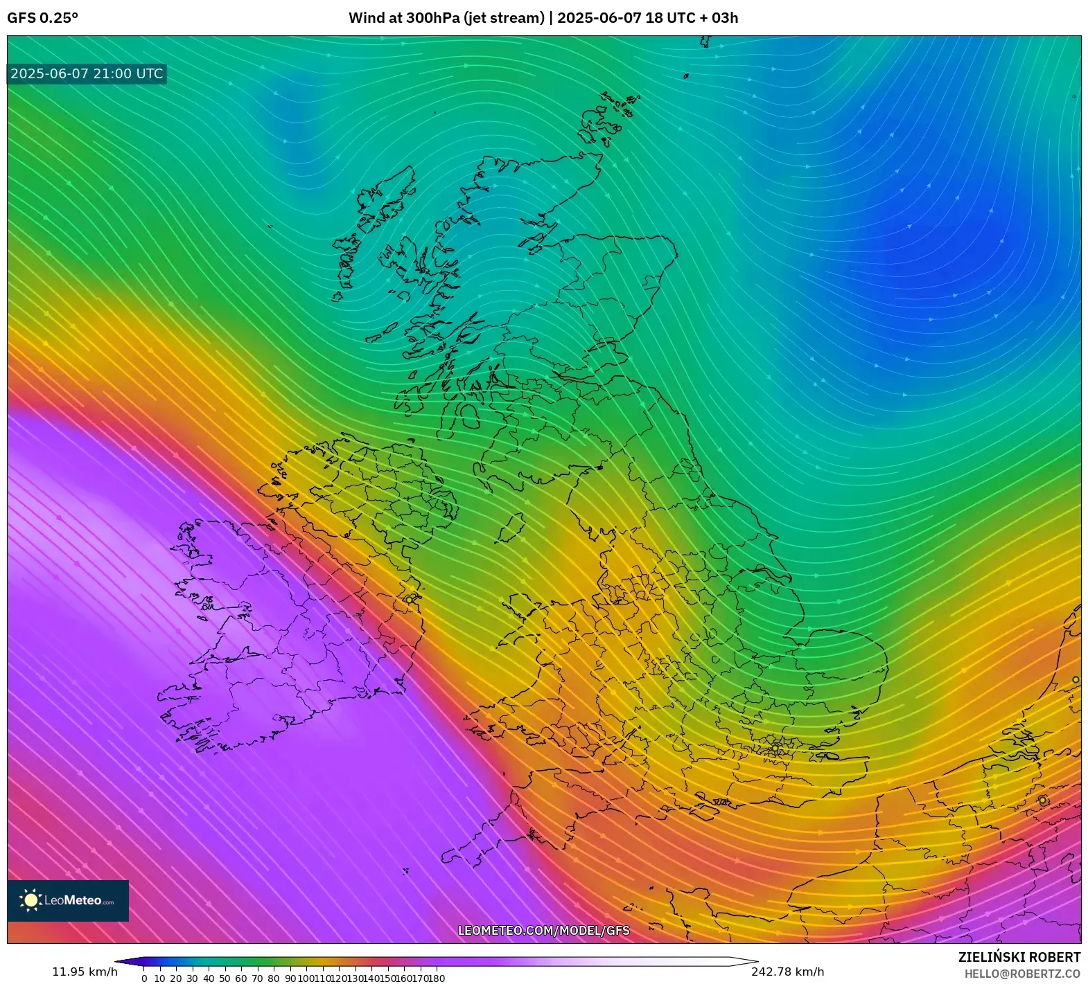 GFS model - Britania Raya, Angin 300 hPa (aliran jet) GFS model - Britania Raya, Angin 300 hPa (aliran jet)