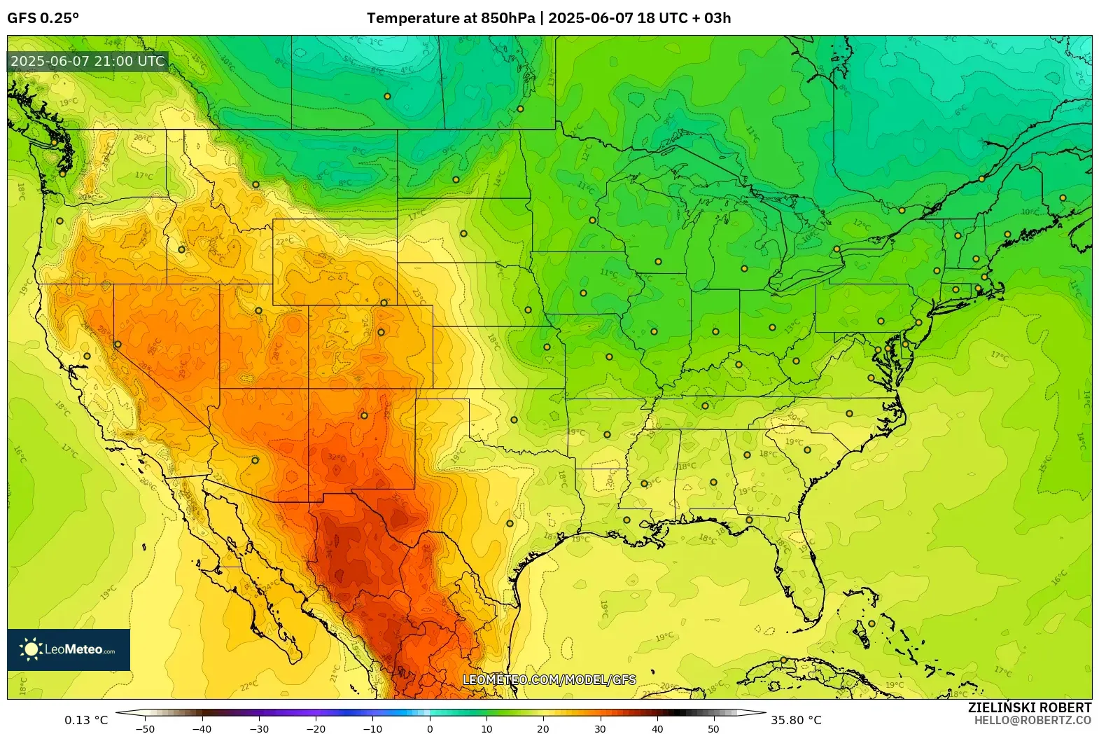 GFS model - Amerika Serikat, Suhu 850 hPa