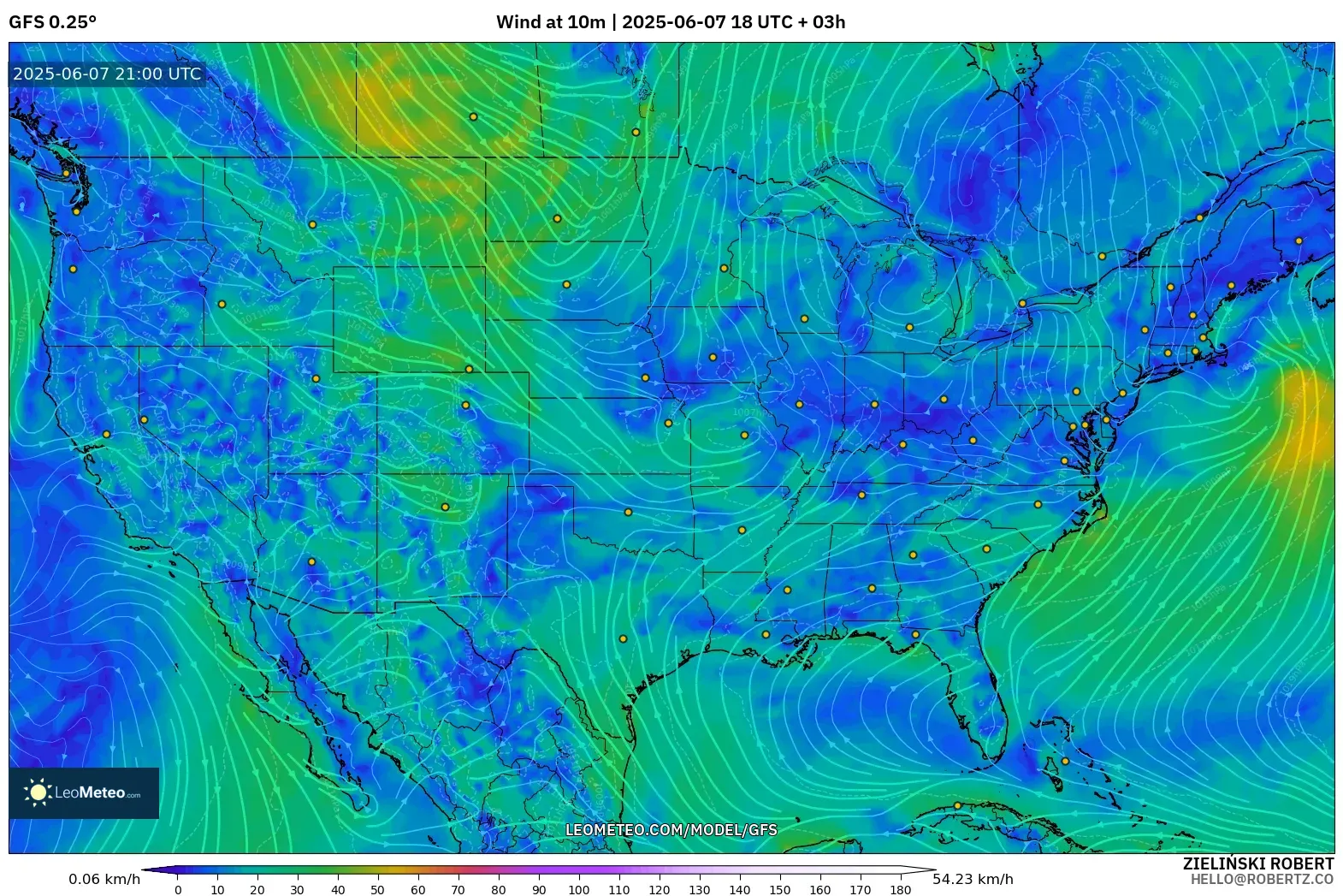 GFS model - Amerika Serikat, Angin 10 m GFS model - Amerika Serikat, Angin 10 m