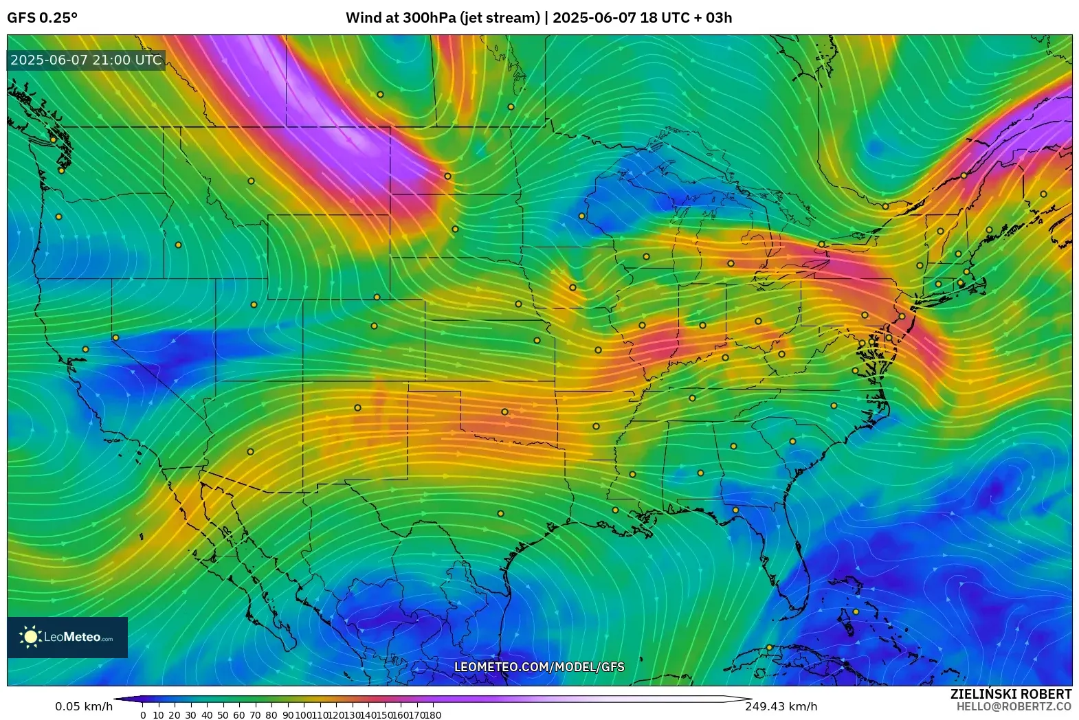 GFS model - Amerika Serikat, Angin 300 hPa (aliran jet)