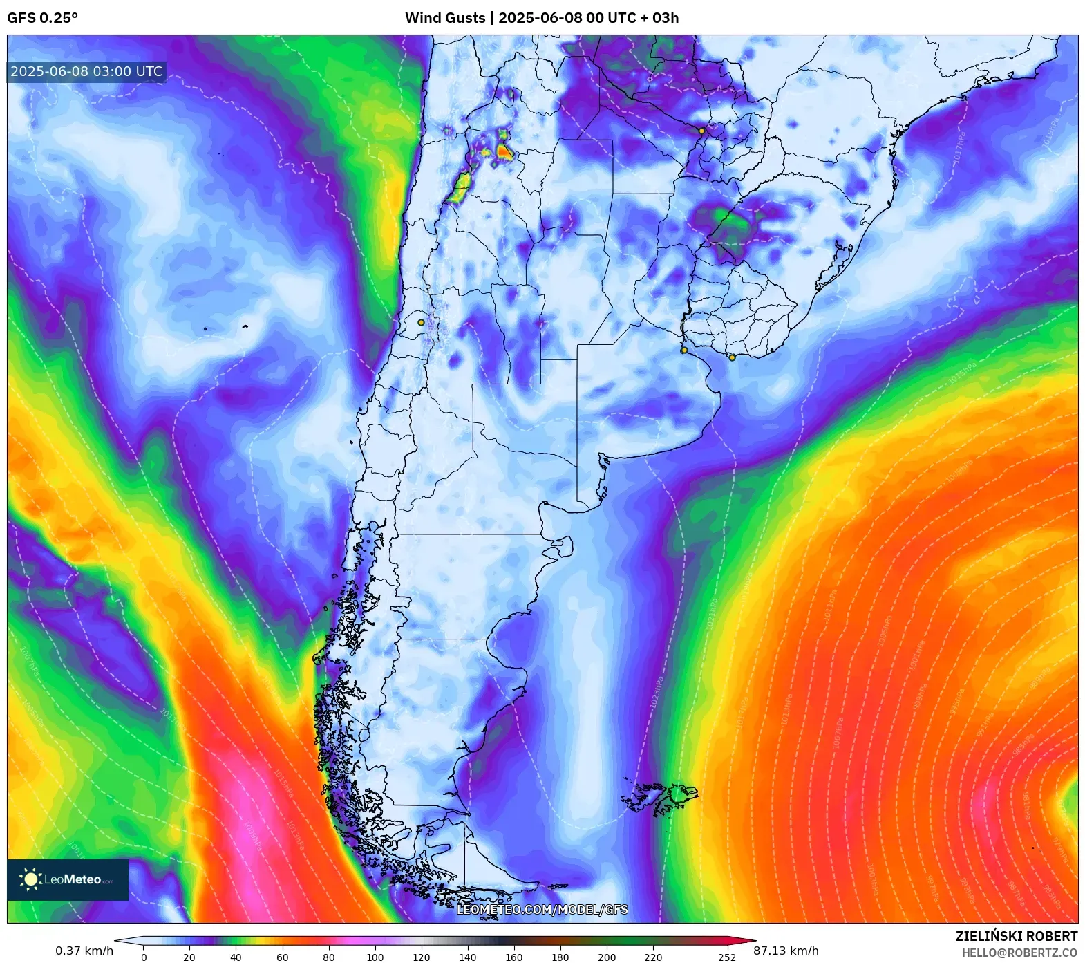 GFS model - Argentina, Wind Gusts GFS model - Argentina, Wind Gusts