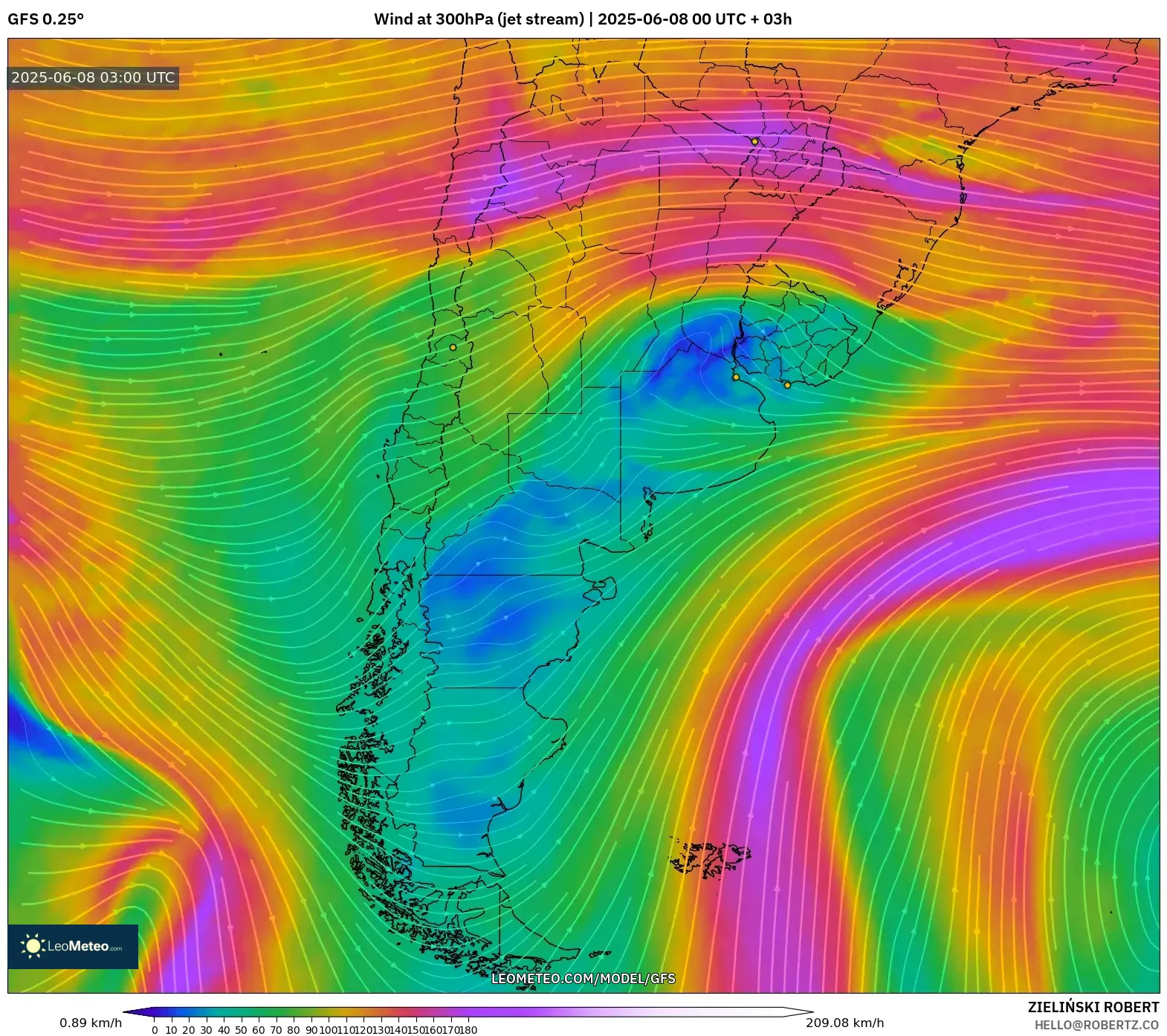GFS model - Argentina, Wind at 300hPa (jet stream) GFS model - Argentina, Wind at 300hPa (jet stream)