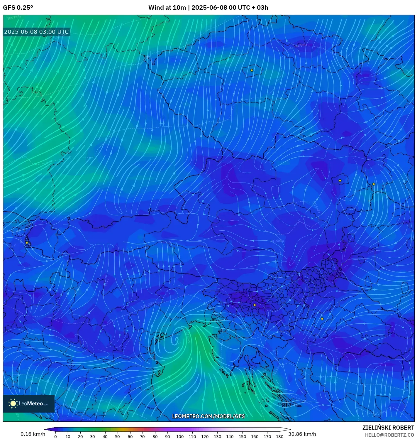 GFS model - Austria, Wind at 10m GFS model - Austria, Wind at 10m