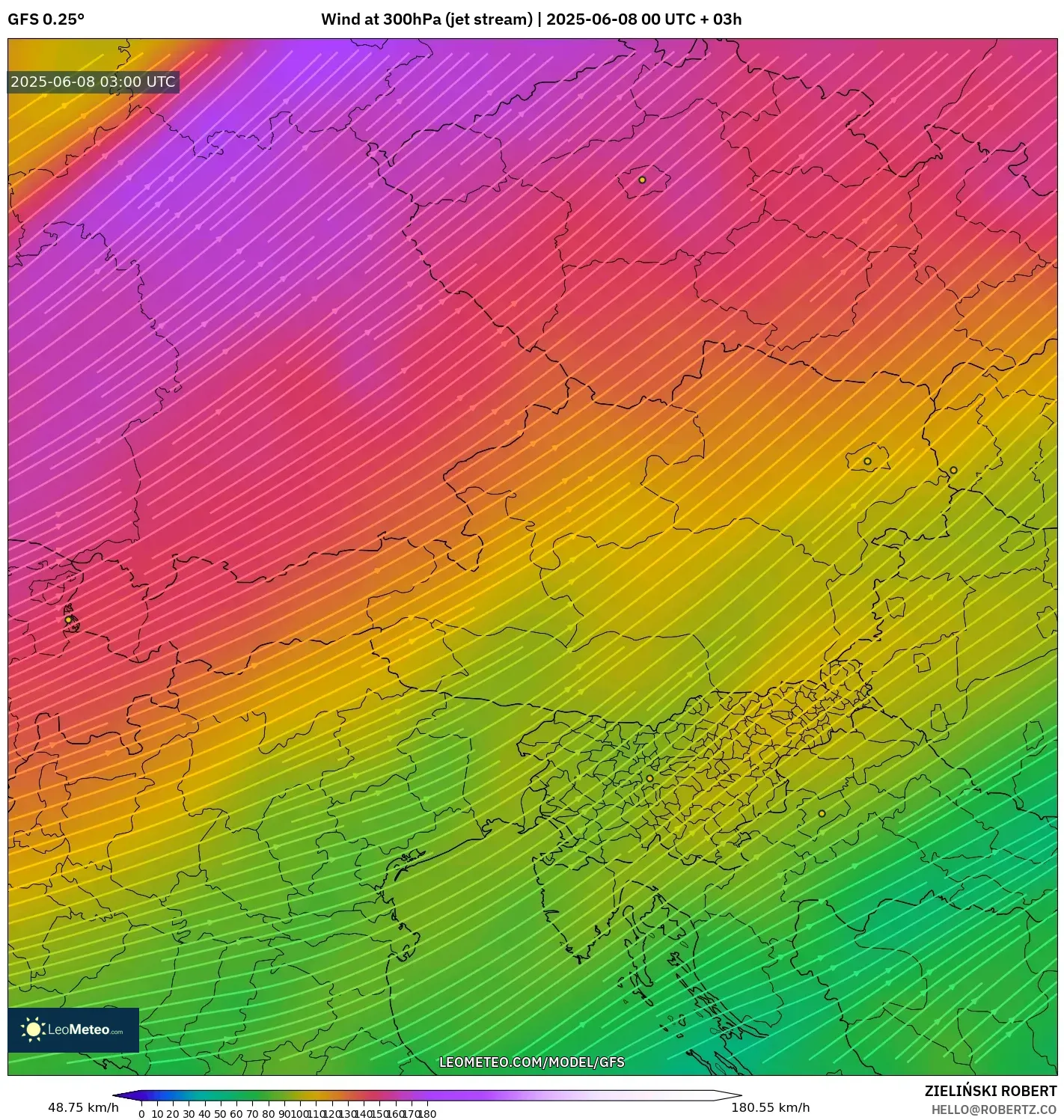 GFS model - Austria, Wind at 300hPa (jet stream) GFS model - Austria, Wind at 300hPa (jet stream)