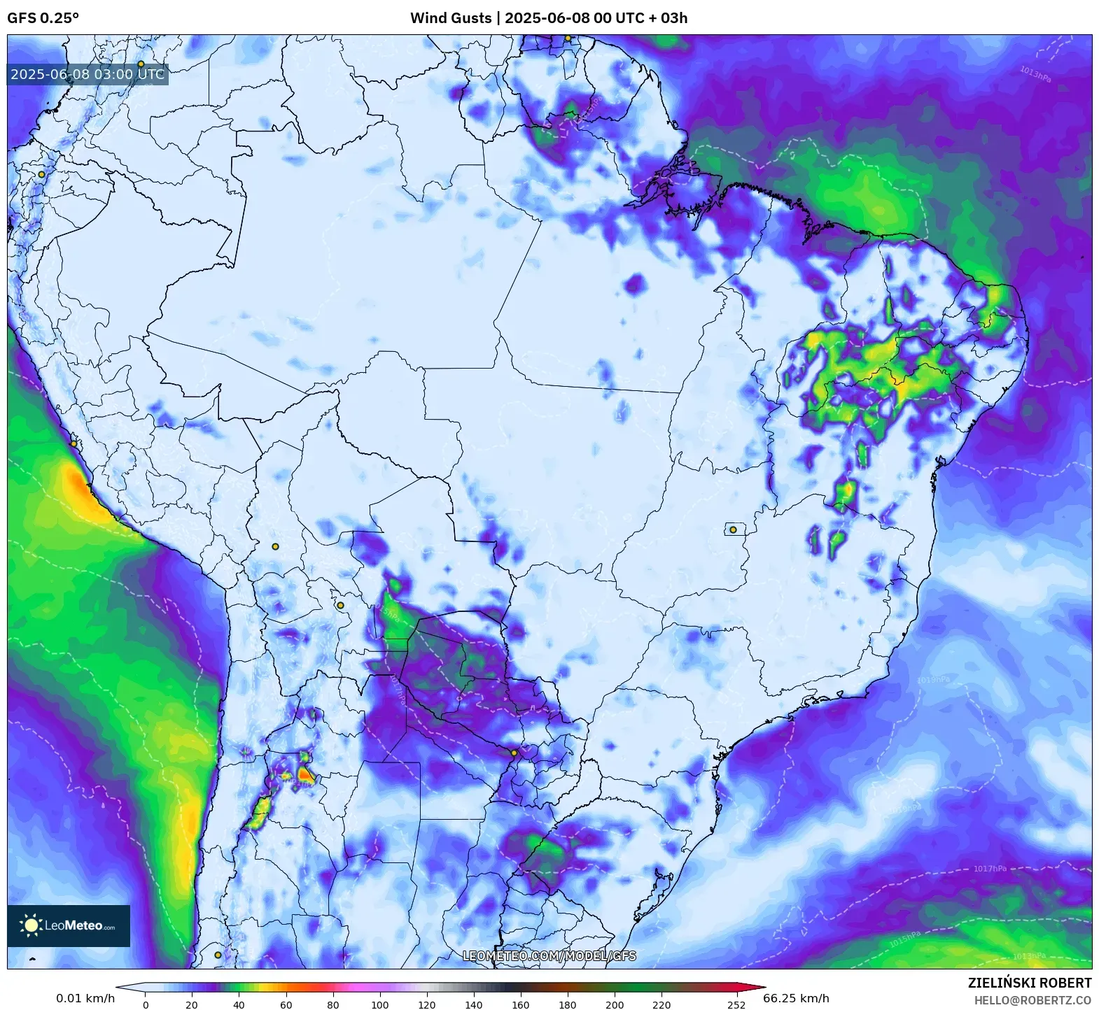 GFS model - Brazil, Wind Gusts GFS model - Brazil, Wind Gusts