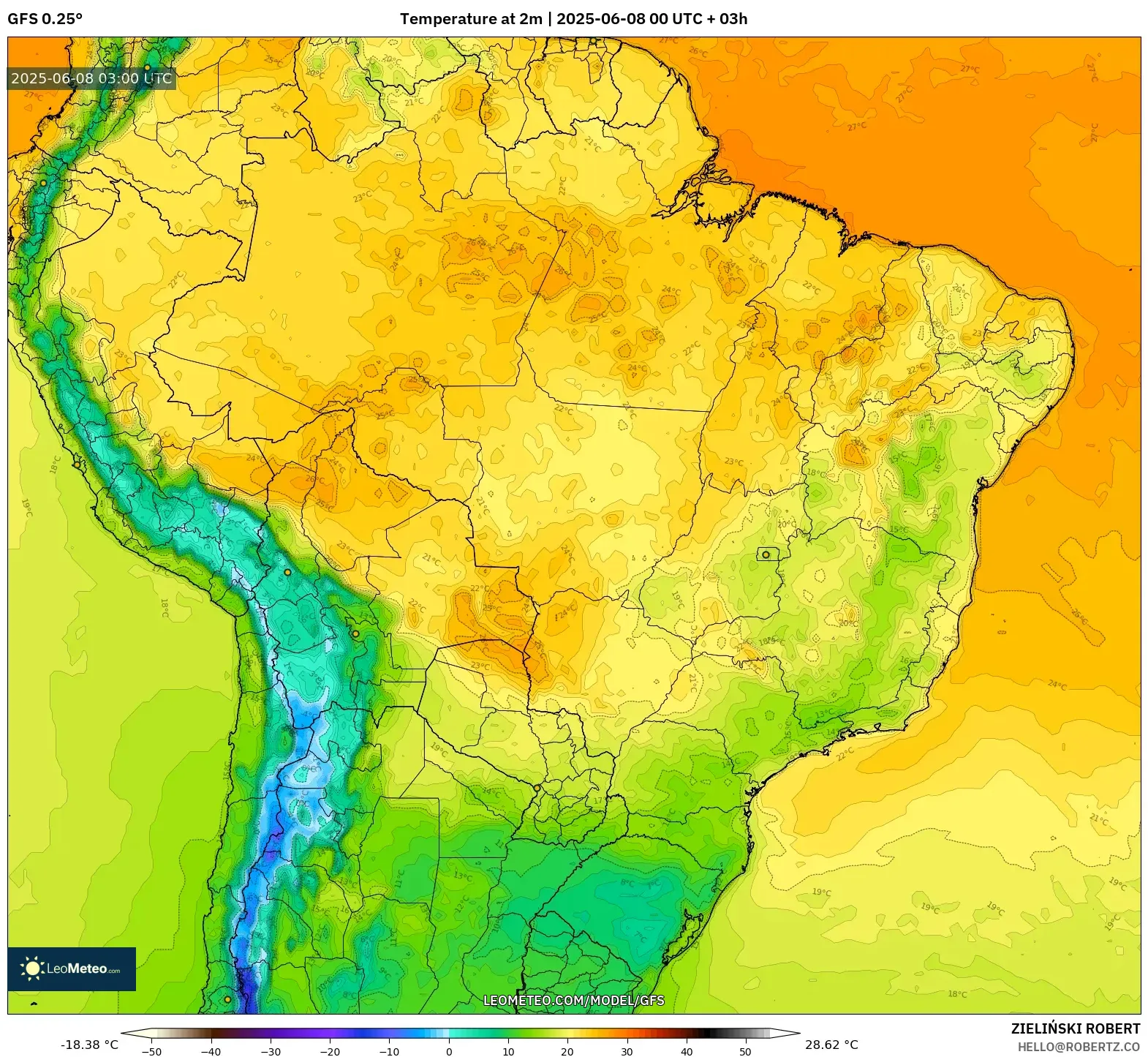 GFS model - Brazil, Temperature at 2m
