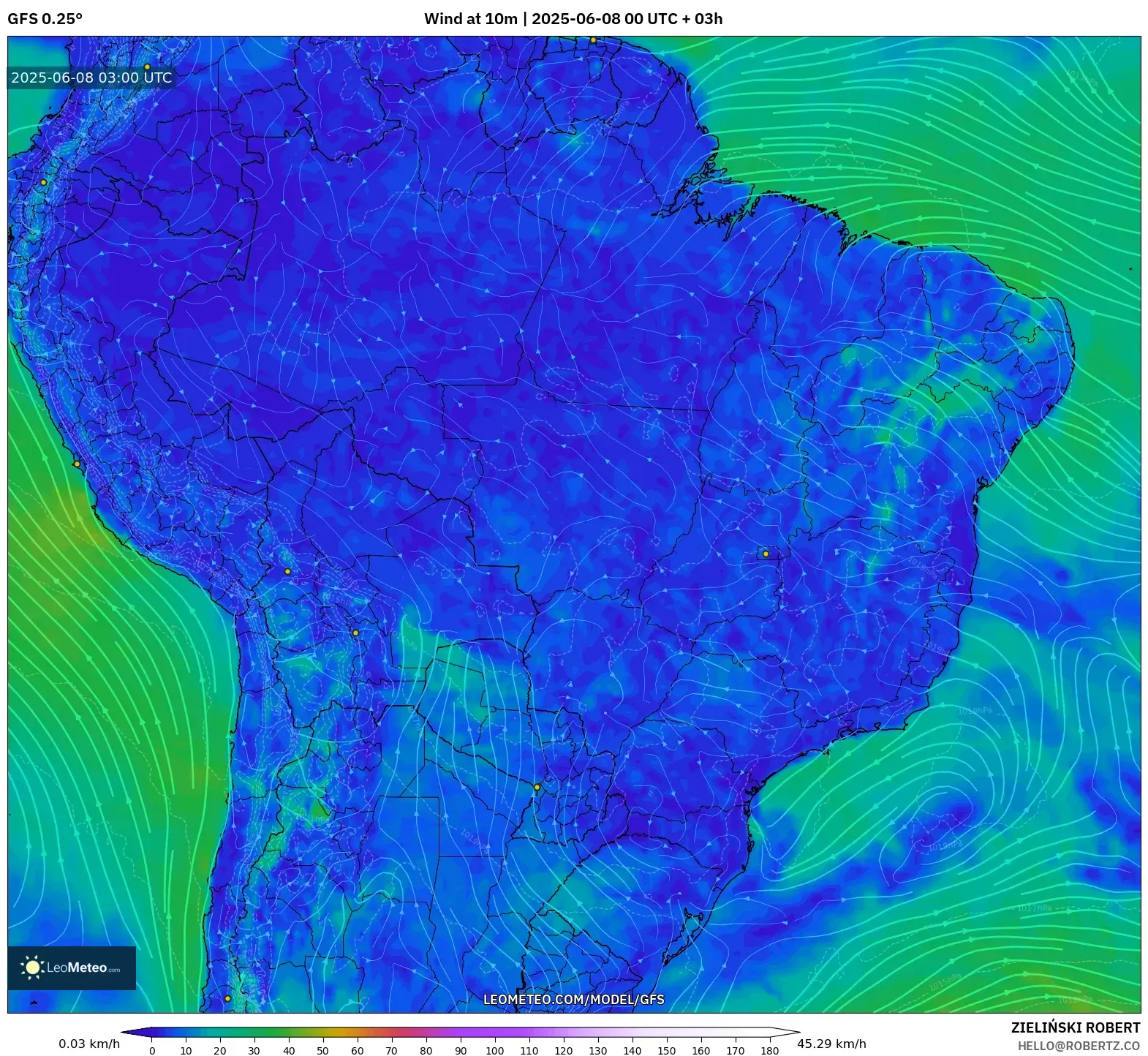 GFS model - Brazil, Wind at 10m GFS model - Brazil, Wind at 10m
