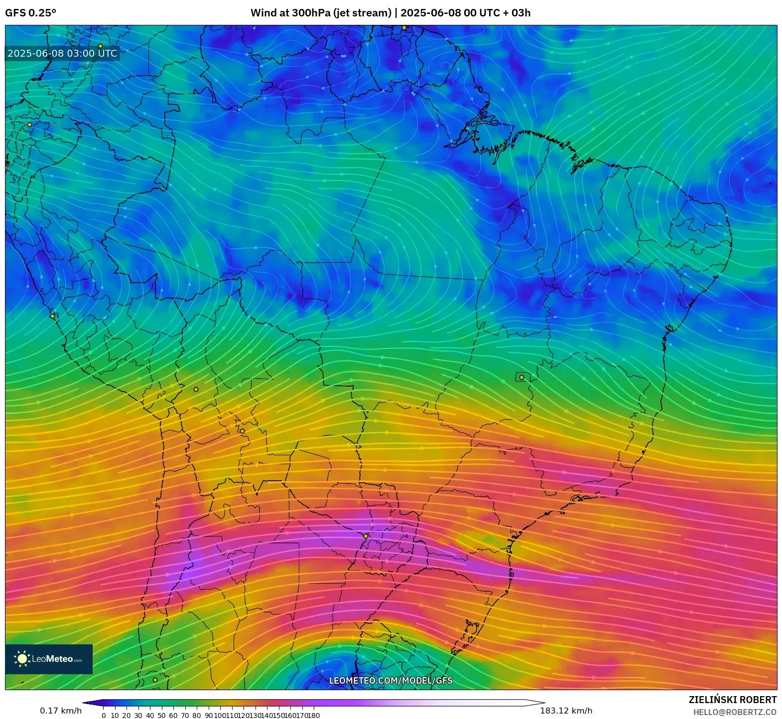 GFS model - Brazil, Wind at 300hPa (jet stream) GFS model - Brazil, Wind at 300hPa (jet stream)