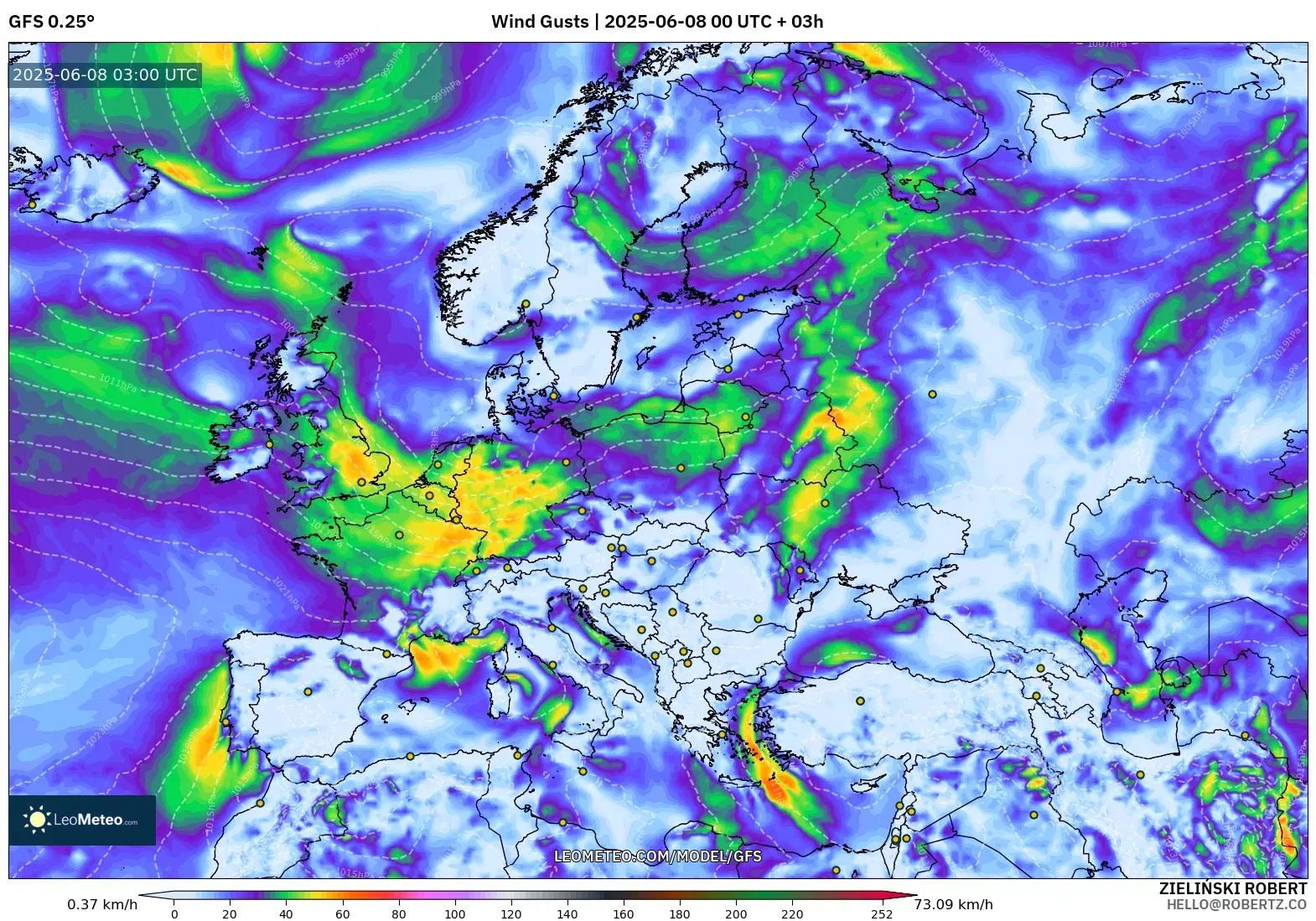 GFS model - Europe, Wind Gusts GFS model - Europe, Wind Gusts