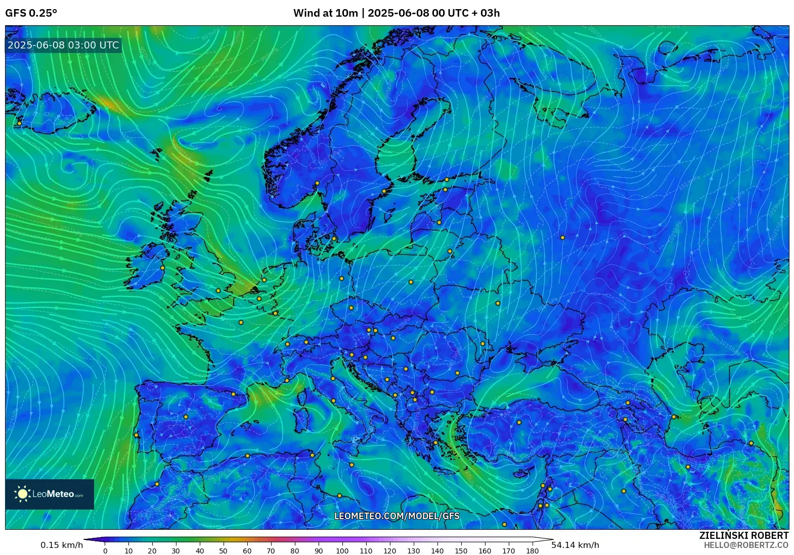 GFS model - Europe, Wind at 10m GFS model - Europe, Wind at 10m